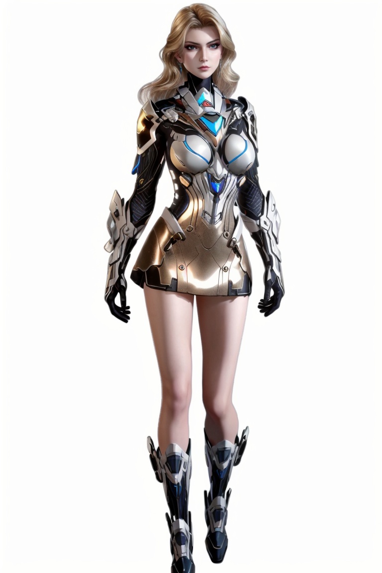 ((HRD, HUD, 8K)),((masterpiece, best quality)), highly detailed,1girl, solo, long hair, blonde hair, blue eyes, makeup, lips,earrings, jewelry,breasts, medium breasts,bodysuit, armor, gloves, high heels,simple background, white background, full body, standing, looking at viewer, <lora:吞噬星空维妮娜·波莱纳斯_v1.0-0008:0.72>