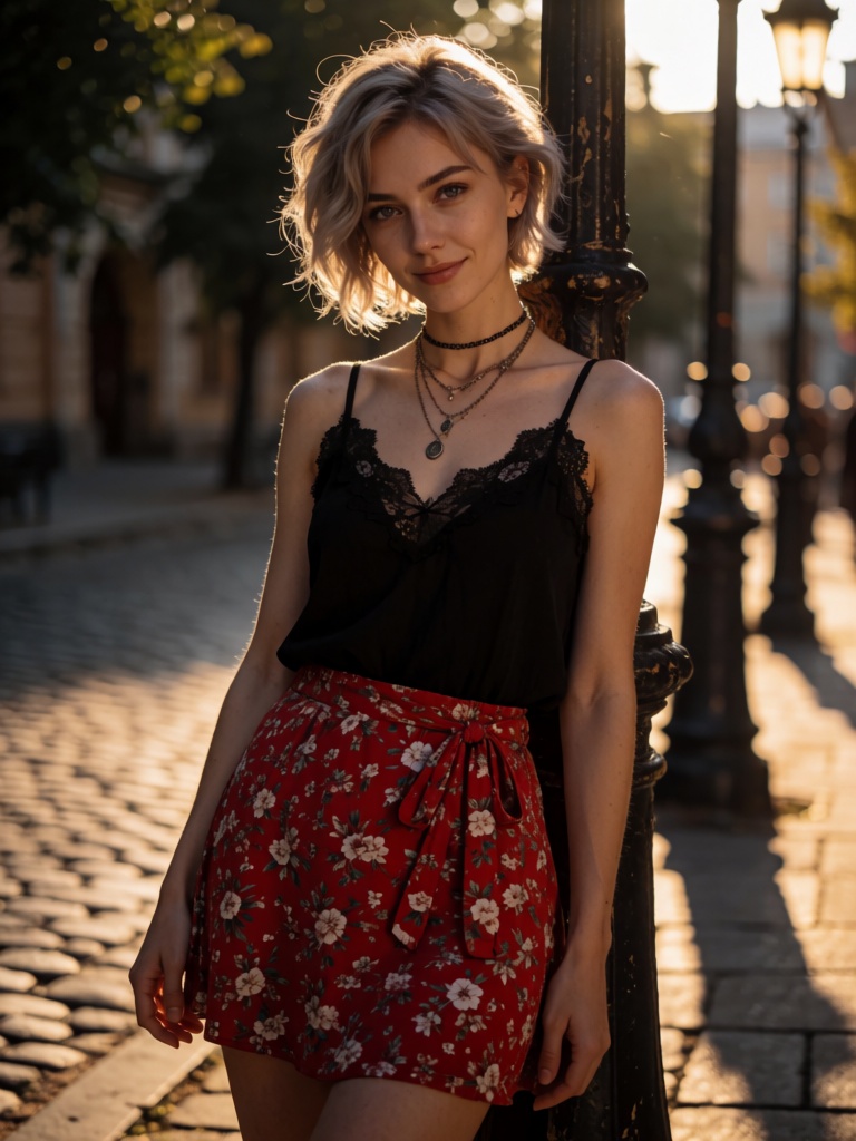 full-body portrait standing outdoors,  young Russian woman early 20s,  luminous porcelain skin with subtle sun-kissed warm...