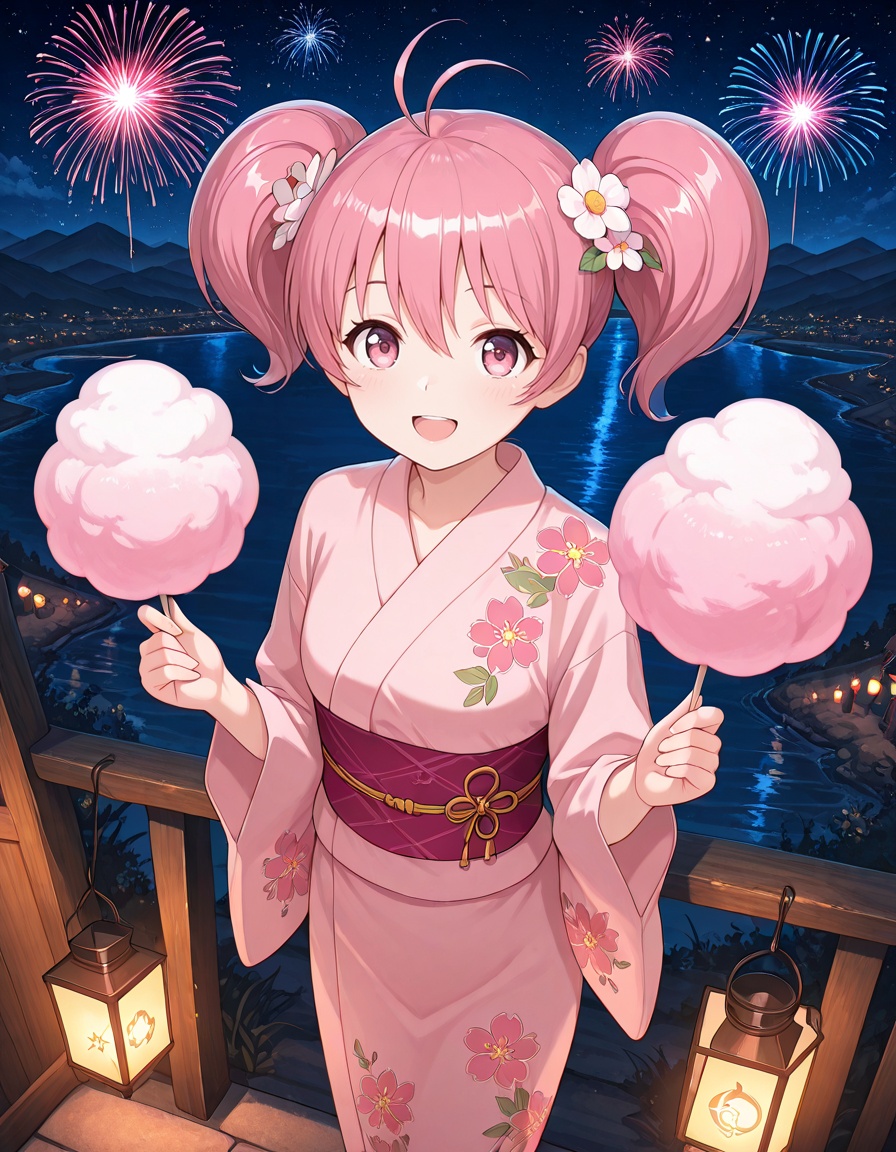 masterpiece, best quality, amazing quality, outdoors,1girl, standing, cotton candy, night sky, serene atmosphere, scenic composition, open mouth, smile, stall, matsuri, lantern, fireworks, star, crowd, looking at viewer, <lora:megumi_minami-tantei_gakuen_q_s1-v2-ixl-anime-soralz:1>, megumi minami (tantei gakuen q), short hair, twintails, antenna hair, pink hair, hair between eyes, pink eyes, from above, mountainous horizon, river,flower hair ornament, japanese clothes, kimono, floral print, long sleeves, wide sleeves, obi, cowboy shot,, <lora:StS-Illustrious-Detail-Slider-v1.0:3>