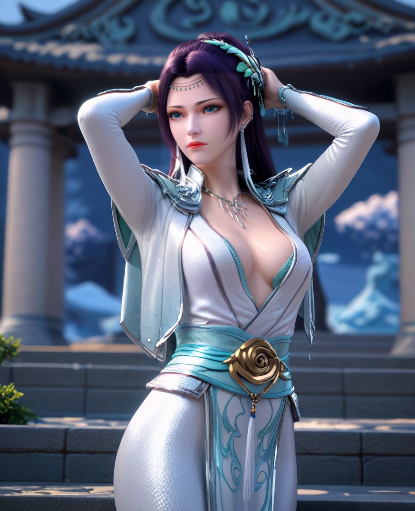 (oriental architecture, elegant decor, sophisticated style:1.1),(arms up:1.1),(breasts:1.2),<lora:XL16斗破苍穹云韵:0.95>,miss yunyun,white silk mermaid dress,blue eyes,dark purple hair,half-up crown updo with long cascading hair,hair ornament,earrings,circlet,necklace,blue camisole,shoulder cape,elbow gloves,sash,pelvic curtain,spiral foot decoration,, score_9,score_8_up,score_7_up,score_6_up,score_5_up,score_4_up,3d rendering,tag1,tag2, Cinematic Lighting,backlighting,, zPDXL3, zPDXL2,zPDXL, zPDXLxxx, zPDXLrl,