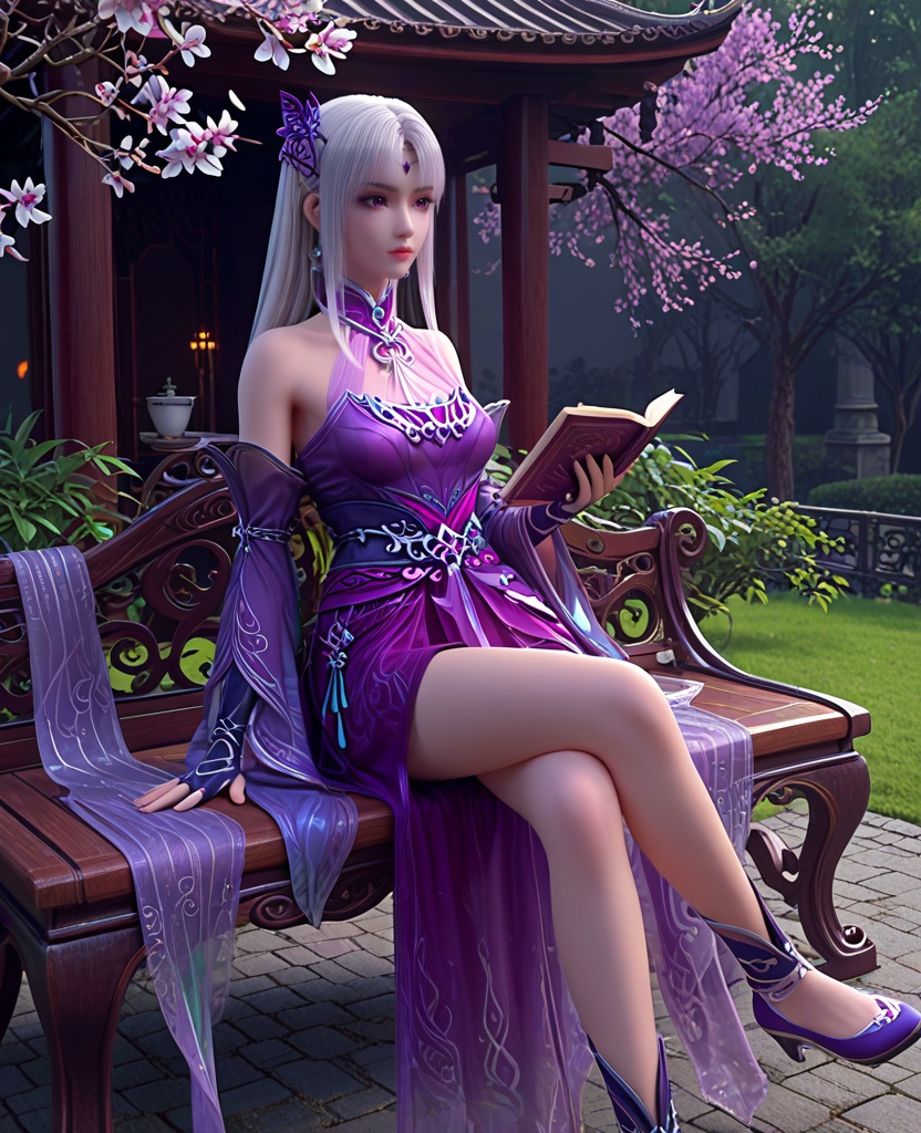 (oriental architecture, elegant decor, sophisticated style:1.1),(Sitting cross-legged on a park bench, holding a book and reading,:1.1),(breasts:1.2),<lora:XL斗破苍穹小医仙P:0.95>,elder sister,purple dress,white hair,bangs,hair ornament,bare shoulders,brown eyes,purple veil,jewelry,fingerless gloves,blue footwear,sash,cracked skin,purple eyes,, score_9,score_8_up,score_7_up,score_6_up,score_5_up,score_4_up,3d rendering,tag1,tag2, Cinematic Lighting,backlighting,