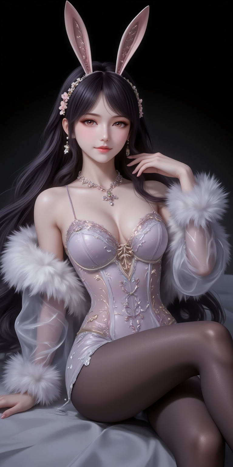 <lora:婚纱1·人物百搭款6:1.1>,hunsha,1girl,dress,solo,breasts,fur shawl,white dress,cleavage,bare shoulders,medium breasts,indoors,strapless dress,sparkle,high_heels,(black_pantyhose:1.1),bed,on back,lying in bed,(leg_up:1.1),black_background,simple background,cover,gradient background,close-up details,outstanding style,adding a touch of dimension to your images without compromising details,close-up,<lora:DJ滤镜_2.5D版:0.3>,lvjing,<lora:油画唯美滤镜15:0.2>,baoshi,<lora:江楠楠·衣服百搭款6:1.1>,jiangnannan,black hair,long hair,wavy hair,very long hair,brown eyes,fair_skin,rabbit ears headwear,