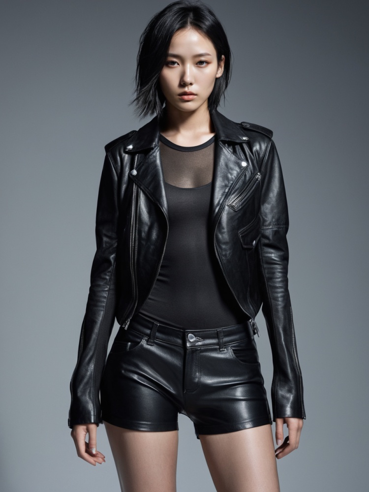 HDR photo of a beautiful young woman in a Rick Owens: Leather jacket, Pod shorts, by Ryan Yee, tumblr, thin bodysuit, julia sarda, an ultra realistic, woman is curved, anton fedeev, korean girl  . High dynamic range, vivid, rich details, clear shadows and highlights, realistic, intense, enhanced contrast, highly detailed