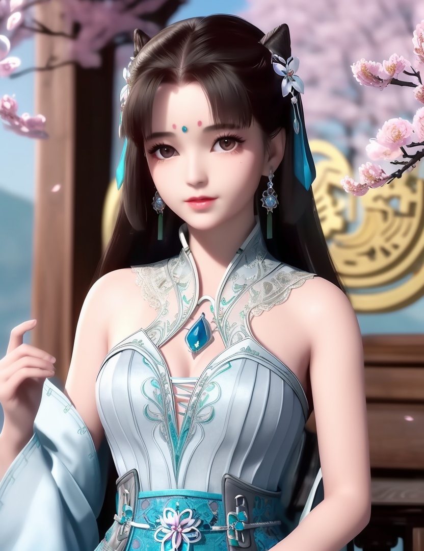 ultra realistic 8k cg, picture-perfect face, flawless, clean, masterpiece, professional artwork, famous artwork, cinematic lighting, cinematic bloom, perfect face, beautiful face, fantasy, dreamlike, unreal, science fiction,  beautiful clothes, lace, lace trim, lace-trimmed legwear,  (rich:1.4), prestige, luxury, jewelry, diamond, gold, pearl, gem, sapphire, ruby, emerald, intricate detail, delicate pattern, charming, alluring, seductive, erotic, enchanting, hair ornament, necklace, earrings, bracelet, armlet,halo((,1girl, ,))(((,teenage, cherry blossoms, 1girl, tree, spring_\(season\), solo, black_hair,chinese clothes,looking at viewer, upper body, ))) <lora:DA_LanLingEr:0.6>