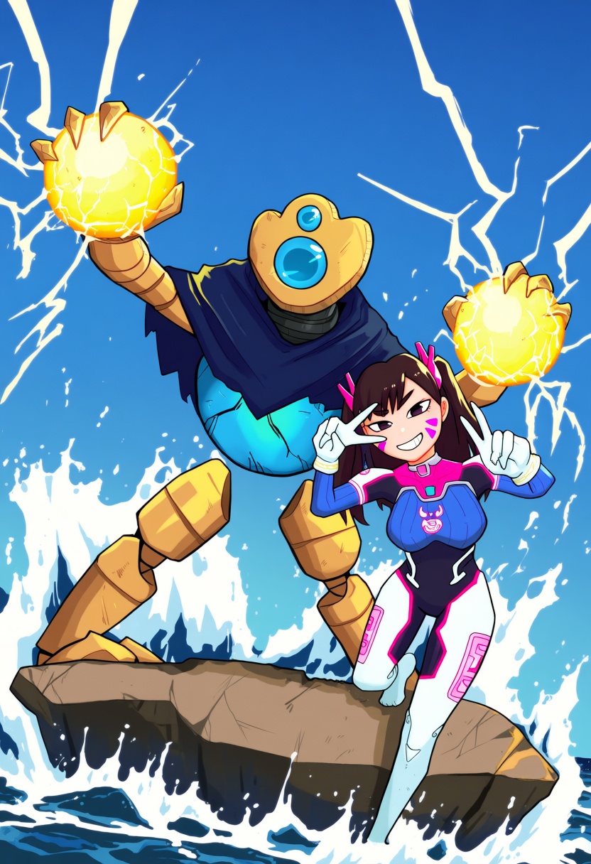 @saigotenshi. DefectSP,  an anthropomorphic robot with a broad golden-brown segmented metallic body,  a rounded head with...