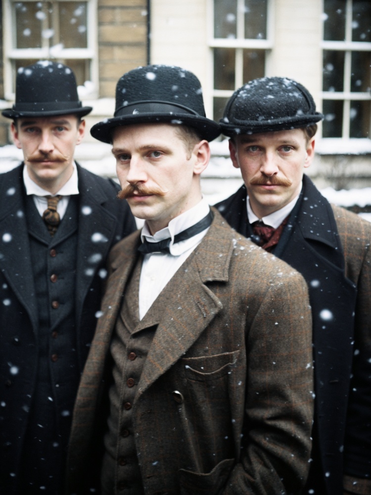 film grain analog photography,victorian-era clothing, two men standing, detective theme, london setting, bowler hat, deerstalker cap, tweed coats, mustache, serious expressions, historicalenactment, falling snow,,