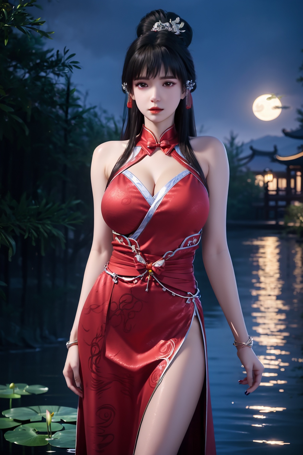standing,dress,chinese clothes,flower,full_moon,moon,night,lily_pad,lotus,moonlight,nipples,water,night_sky,lily_\(flower\),sky,partially_submerged,1girl,solo,hair ornament,realistic,nail polish,photo_\(medium\),(big breasts, cleavage),makeup,(8k, RAW photo, best quality, masterpiece:1.2),(realistic, photorealistic:1.3),ultra-detailed,extremely detailed cg 8k wallpaper,(crystalstexture skin:1.2),extremely delicate and beautiful,(sexy pose:1.2),chinese dress,facial mark,black pantyhose,