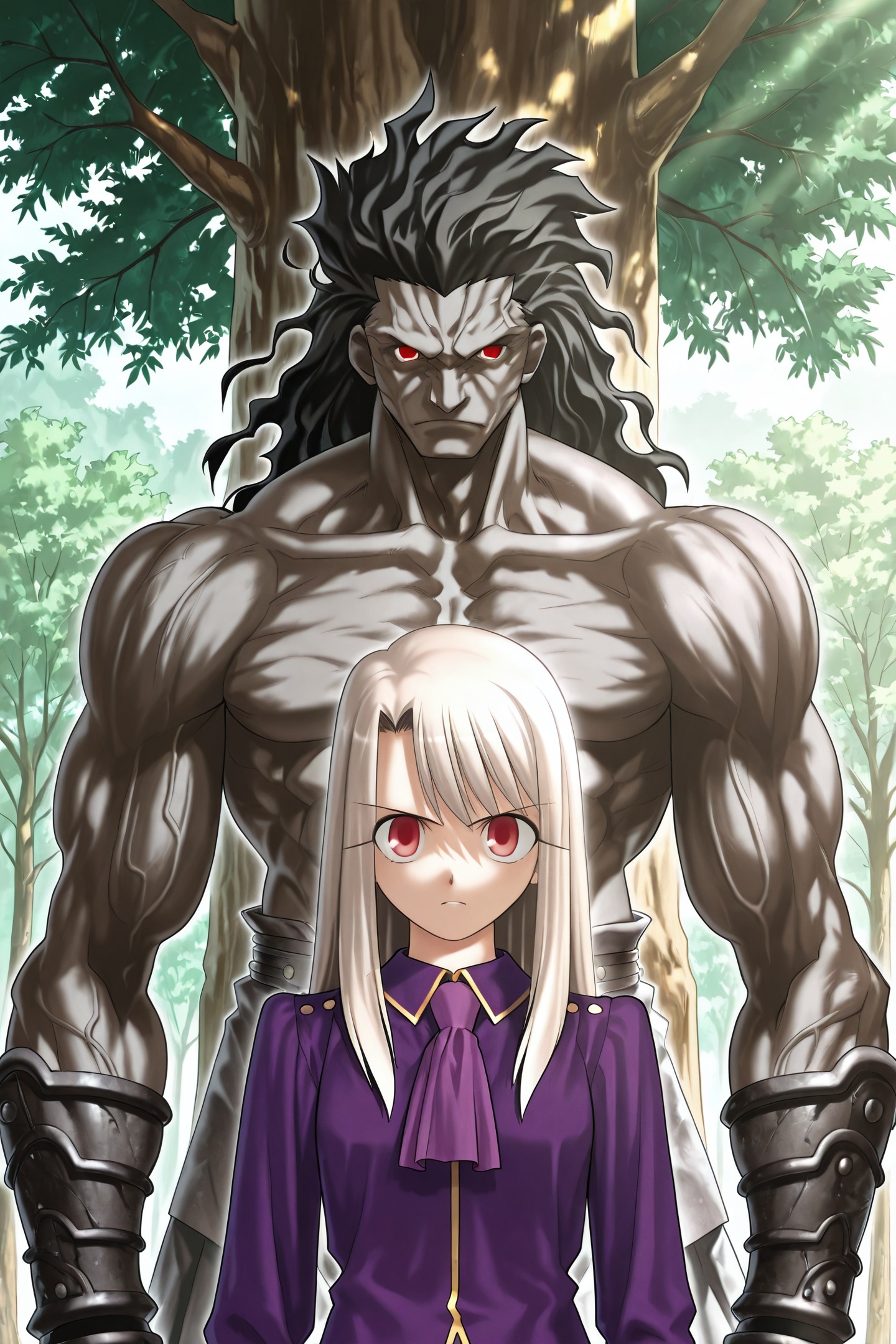Fate stay night Style,heracles \(fate\),illyasviel von einzbern,1girl,red eyes,1boy,long hair,white hair,tree,looking at viewer,ascot,long sleeves,<lora:Fate stay night_illustriousXL:1>,