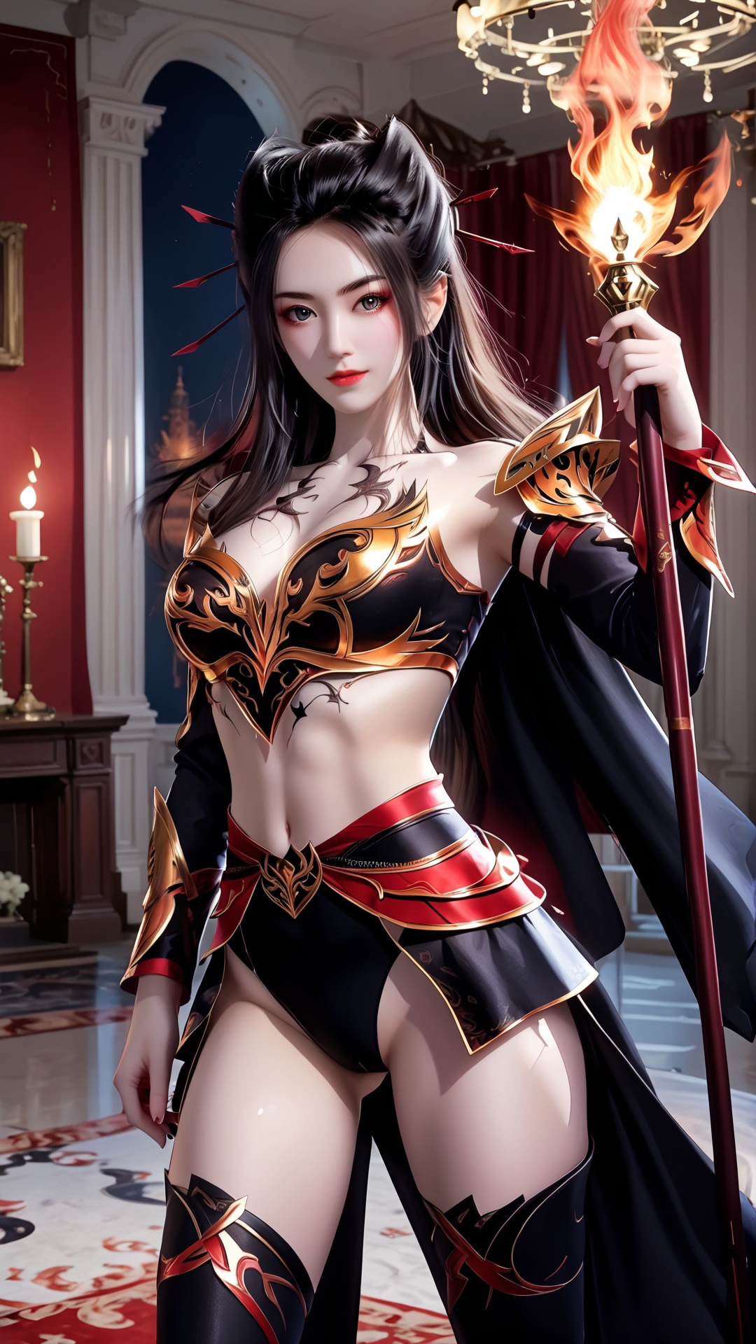 The image is a digital illustration of a female warrior. She is wearing a red and gold armor with intricate designs and patterns. Her hair is styled in a high ponytail with red spikes on top. She has a fierce expression on her face and is holding a staff with a fiery design on it. The background is blurred, but it appears to be an indoor setting with a fireplace and a chandelier. The overall mood of the image is intense and powerful...,<lora:pony焰:0.8>,