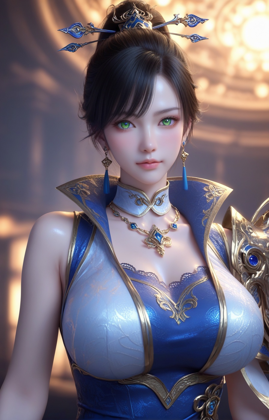 score_9,score_8_up,score_7_up,source_anime,<lora:qingxuan_qinglin_PONY:0.7>,1girl,solo,jewelry,earrings,black hair,green eyes,ponytail,looking at viewer,blush,(curvy:1.1),detailed eyes,jewelry,highly detailed,huge breasts,bright_pupils,dress,yellow eyes,blush,hair ornament,volumetric,dramatic lighting,(oil:1.1),(shiny_skin:1.2),ultra detailed 8k cg,ultra detailed background,extremely detailed eyes,full_shot,(pale_skin:1.1),(2.5D:1.4),rating_explicit,(realistic:1.2),perfect face,detailed face,sexy pose,supermodel,overall warm color,dol,innocence,mysterious,surreal,film grain texture,analog photography aesthetic,visual storytelling,dynamic composition,delicate details,highly detailed,concept art,extremely detailed,amazing quality,masterpiece,ultra-high resolution,32K UHD,sharp focus,best-quality,golden hour,with a high-end texture,unconventional supreme masterpiece,masterful details,temperate atmosphere,in the style of fashion photography,high detailed  skin,(detailed skin:1.1),nice hands,highly detailed,Skindentation,skin depression,highly detailed,masterpiece,<lora:Add_more_details_V2_XLpony:0.6>,dramatic lighting,detailxl,(lace_panties:1.2),(portrait:1.4),blue clothes,