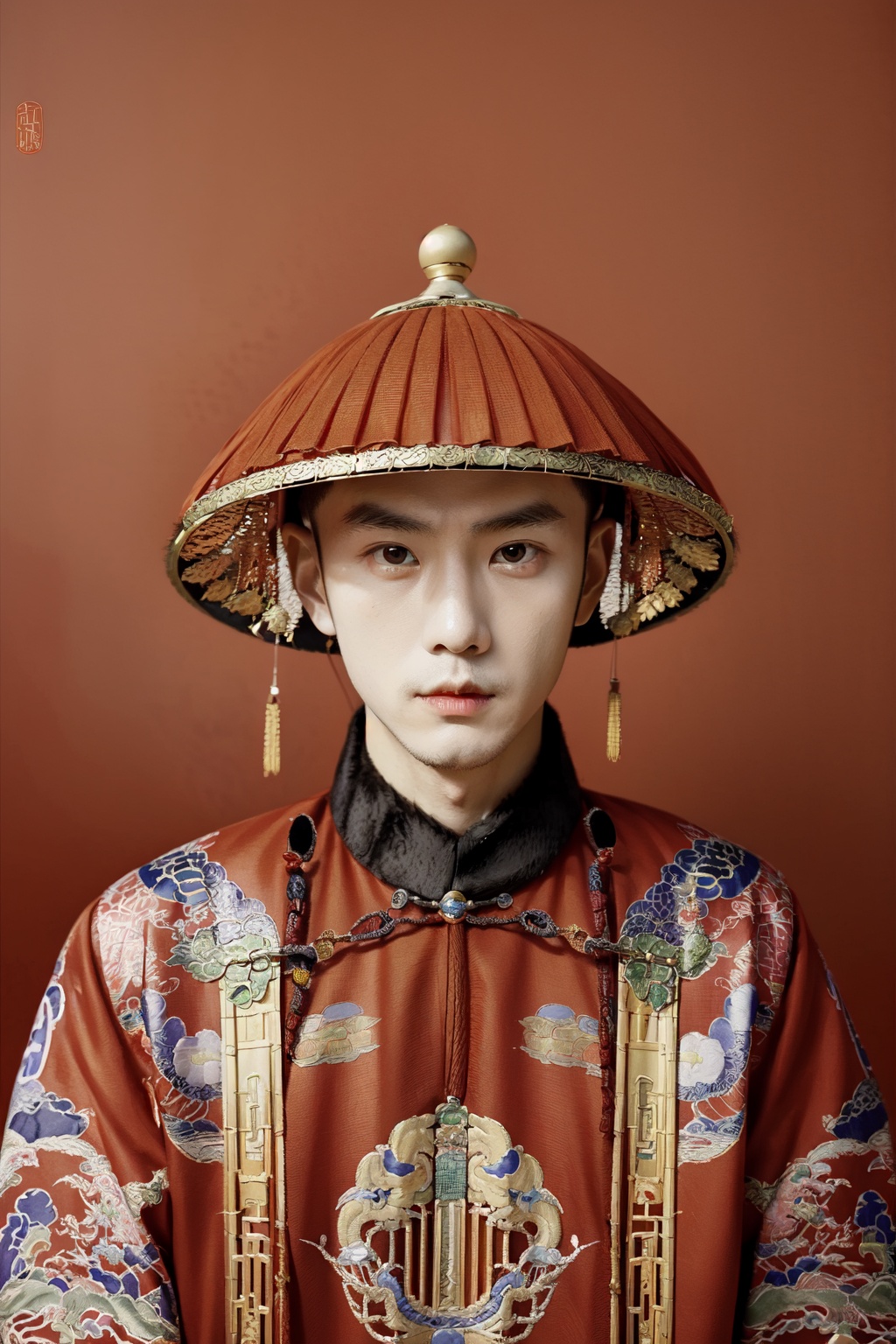 masterpiece,best quality,skinhead,1boy,simple_background,<lora:清代宫廷人设>,close-up,qing dynasty clothing,portrait,ancient china,red background,