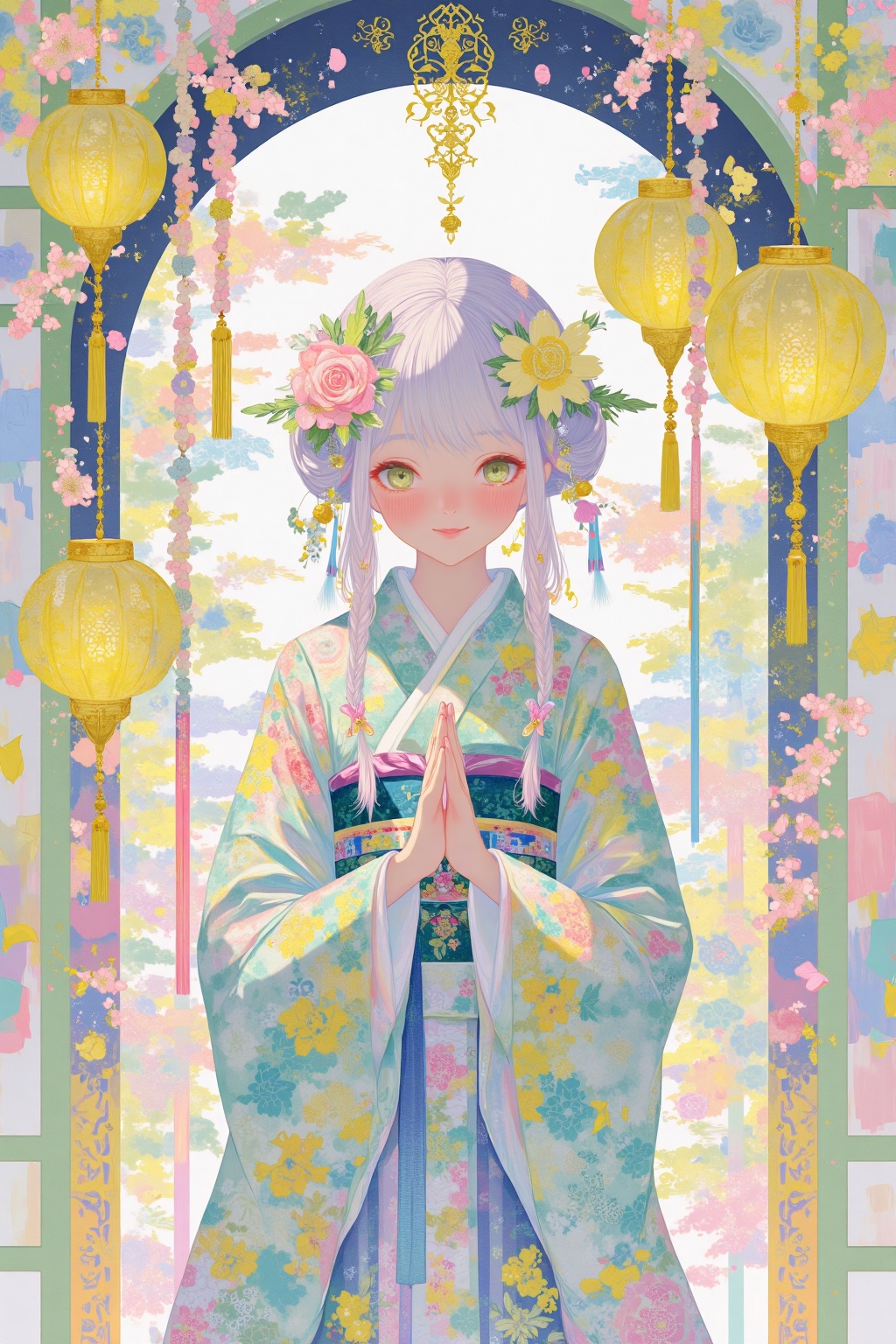 beijihui,Captured in a digital art style, a kimono-style doll stands with her hands clasped in front of her. The doll's head is adorned with a wreath of flowers, adding a touch of beauty to the scene. The background is a mix of pastel colors, including yellow, pink, blue, and green, creating a vibrant contrast to the doll's outfit. There are a few decorative lanterns hanging from the ceiling, adding depth to the composition.