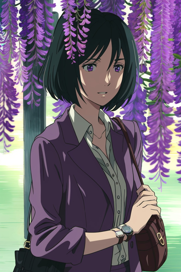 ((HRD, HUD, 8K)),((masterpiece, best quality)), highly detailed, soft light,1girl, solo, umbrella, short hair, flower, bag, purple eyes, wristwatch, black hair, wisteria, watch, blurry, depth of field, holding, holding umbrella, parted lips, <lora:20240421-1713705200913:0.8>