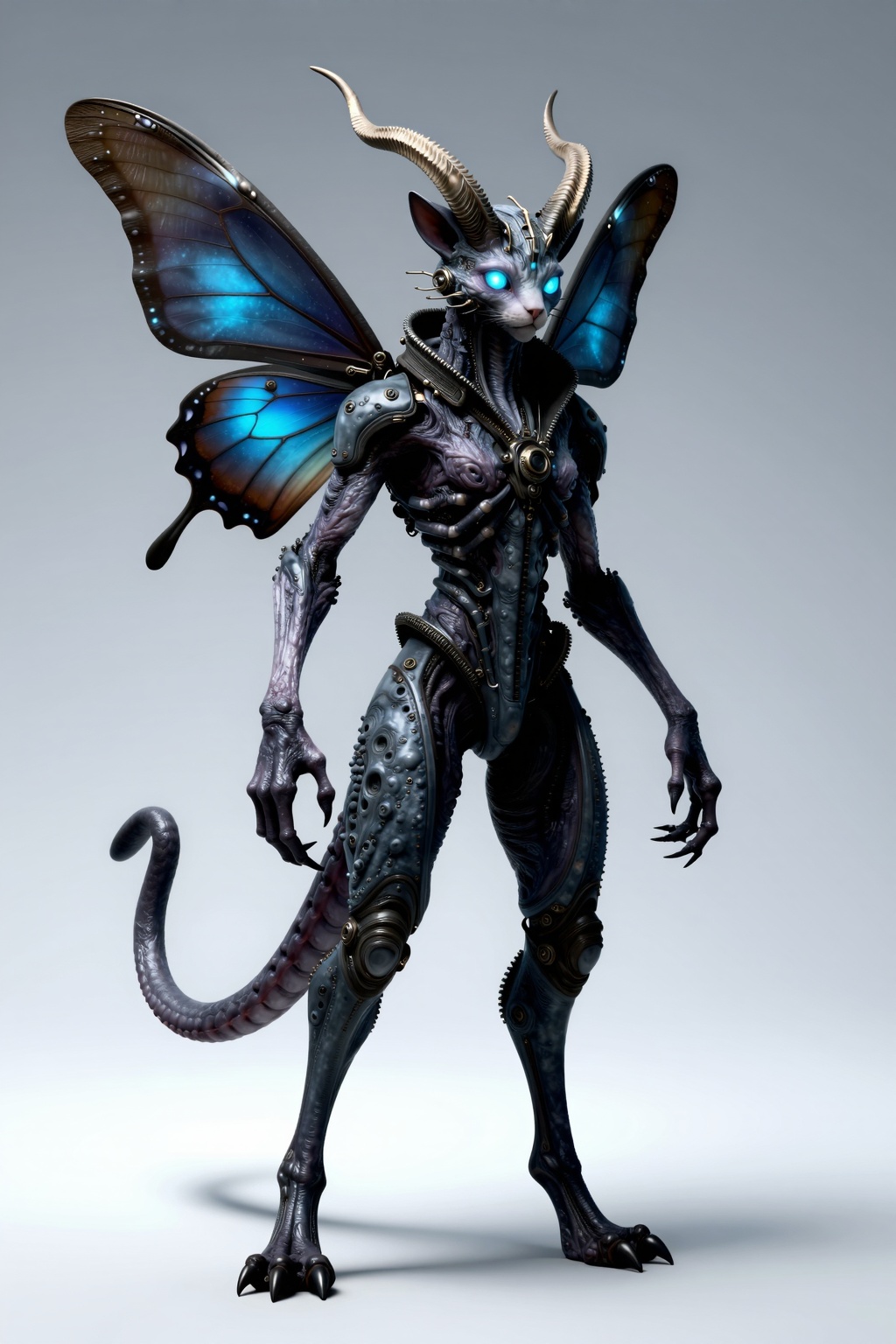 Hyperrealistic art full body shot of realistic antropomorhic Medium Bioluminescent Scifi Urban Feline,  Legless Hexamanual...