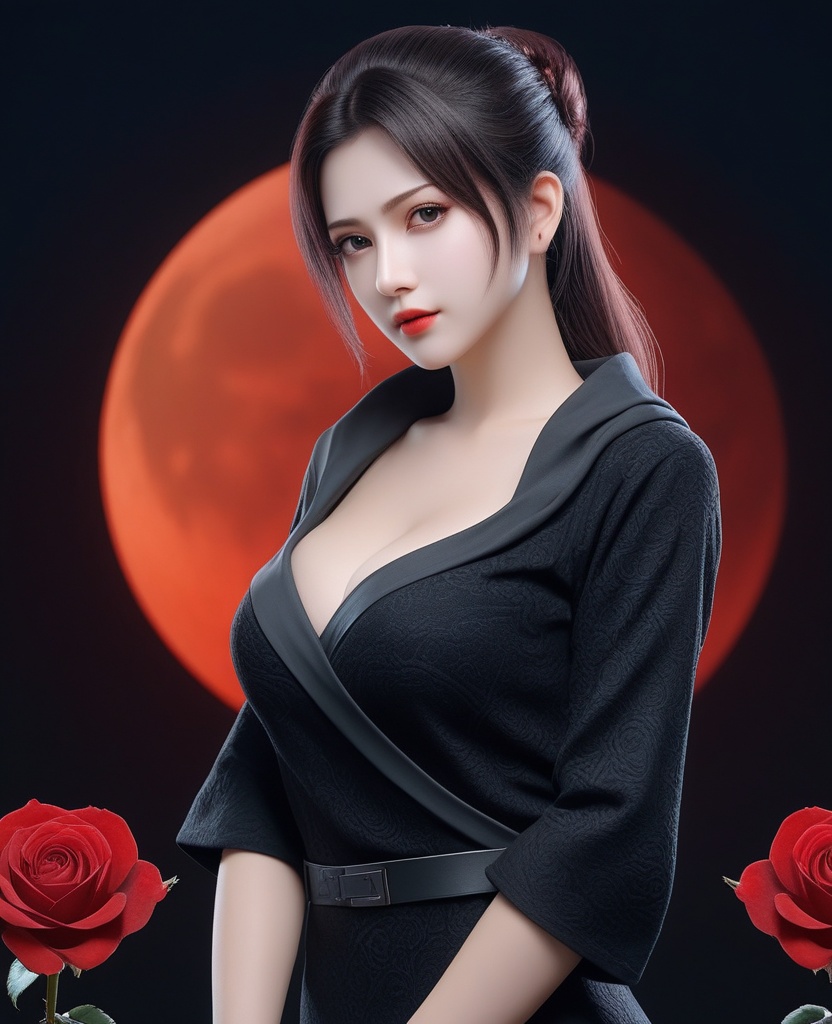 <lora:577-DA-XL-斗破苍穹-云韵-黑服:0.8>(,1girl, ,best quality, ),looking at viewer,  ,,ultra detailed background,ultra detailed background,ultra realistic 8k cg,, ,masterpiece, (( , )),, ,science fiction,mole, ,    ,red moon, black rose,     (cleavage), (),
