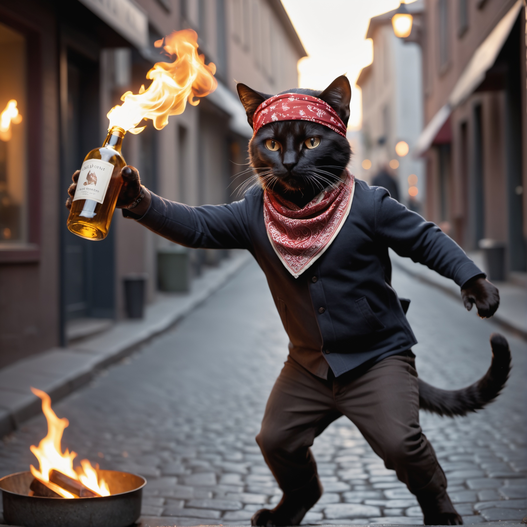 cinematic film still cute anthro protest cat cat in a street riot throwing a burning bottle with a lid ,  he is wearing a...