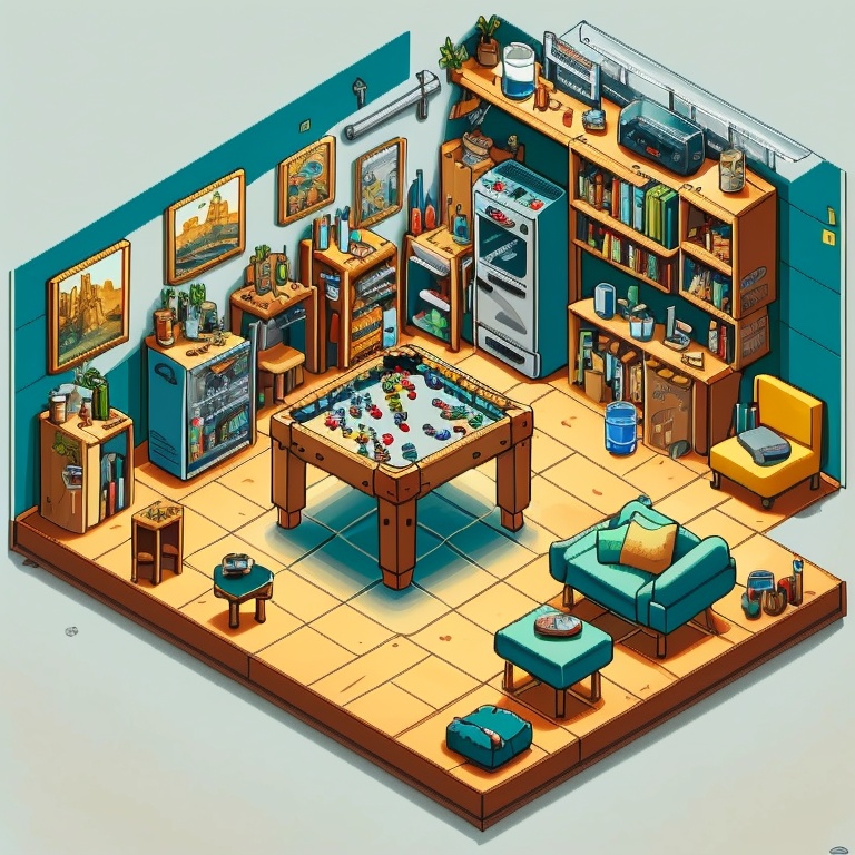 ((HRD, HUD, 8K)),((masterpiece, best quality)), highly detailed, soft light,GameScenes, television, no humans, table, chair, couch, rug, scenery, refrigerator, trash can, plant, carpet, box, wooden floor, shelf, window, game console, indoors, lamp, stairs, potted plant, book, poster (object), bottle, stool, food, tissue box, tile floor, game controller, controller, grey background, tiles, board game, simple background, cup, plate, computer, <lora:20240330-1711769468704:0.9>