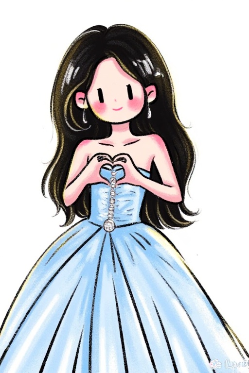 crayon (medium),The image depicts a young woman with long,dark hair,wearing a strapless,light blue dress adorned with a sparkling brooch at the center. She is smiling warmly,creating a heart shape with her hands. The background is plain white,emphasizing the subject and her attire.,