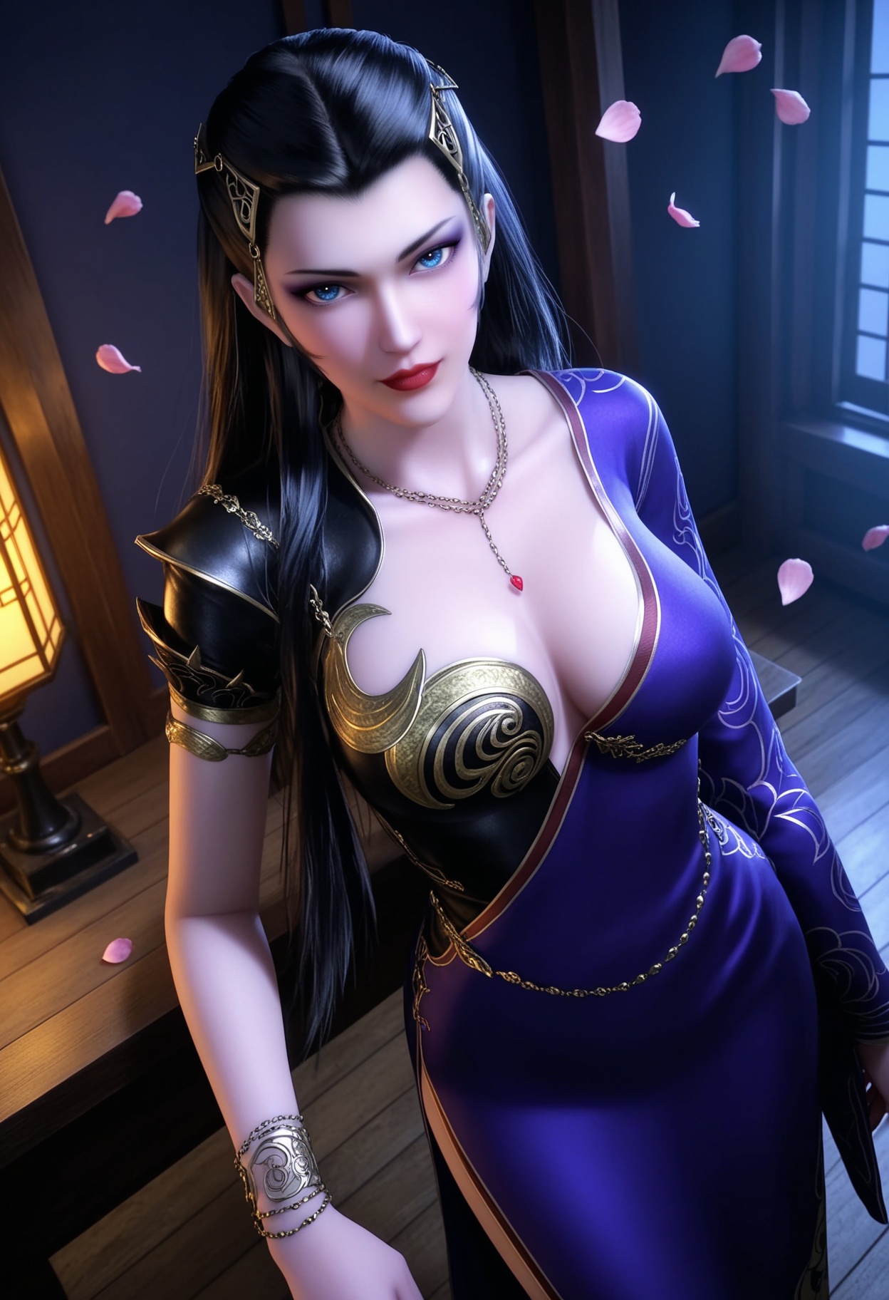 masterpiece,best quality,amazing quality,very aesthetic,high resolution,ultra-detailed,absurdres,scenery,photorealistic,(looking at viewer:1.1),(upper body:1.1),(Dark room:1.3),(moody lighting:1.1),peach blossom,falling petals,large breasts,xinyuekui,1girl,solo,black hair,long hair,jewelry,hair ornament,blue eyes,necklace,red lips,makeup,realistic,dress,bracelet,purple dress,single sleeve,high heels BREAK photorealistic details,<lora:QQSillxinyuekuiV1:0.8>,