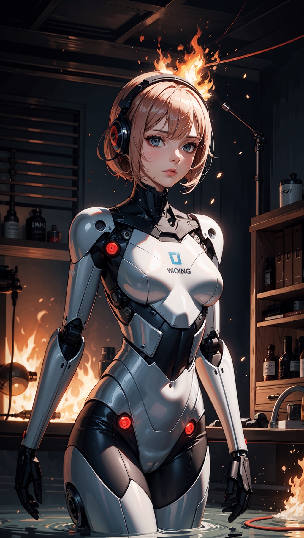 beautiful woman with with a robotic body coming out of oily water that is on fire. wires and particles in the backround on...