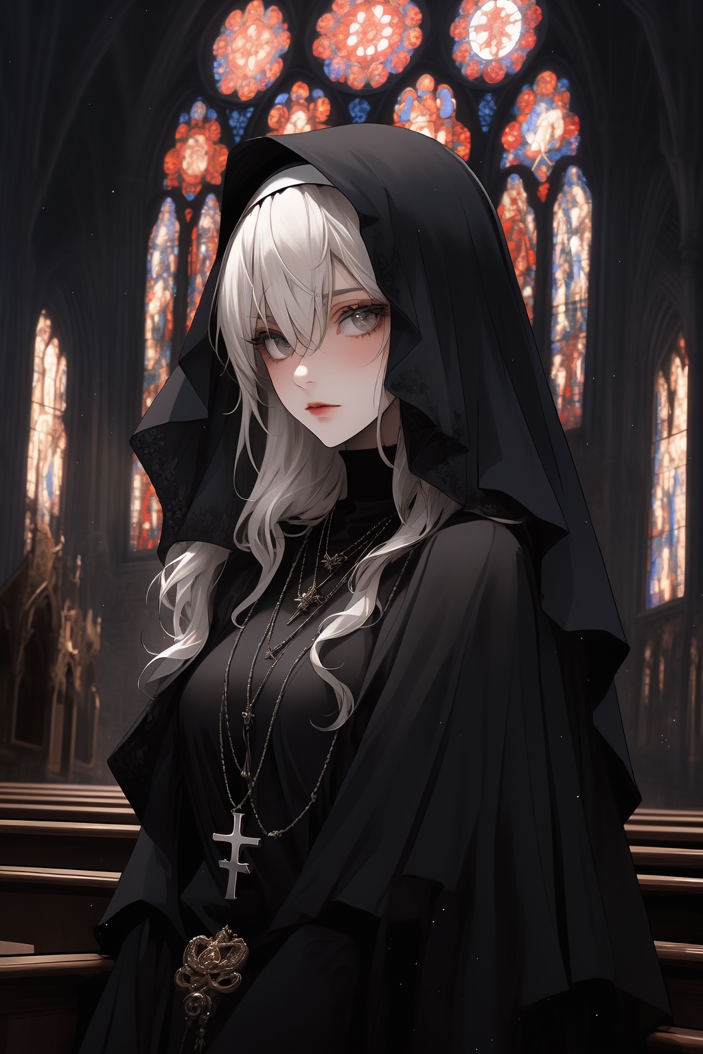 ShenMi,Colored glass,interior,statue,Gothic architecture,church interior,religious color,artistic beauty,cool tone,gray,blue,glass window,mysterious,solemn,1 girl,long hair,solo,looking at the audience,gray eyes,hair accessories,stairs,necklace,white hair,shirt,jewelry,hair between eyes,white shirt,bangs,black necklace,wavy hair,necklace,closed,long sleeves,nun,<lora:ShenMi7:0.8>,