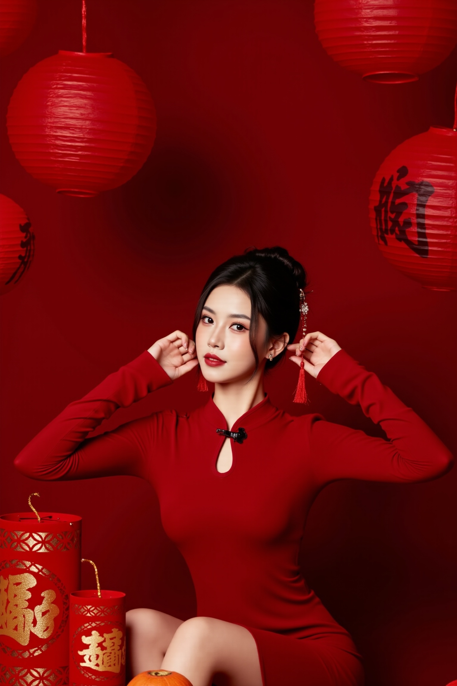 1girl,The photograph captures a young Asian woman with a fair complexion and delicate features seated in front of a rich, deep red backdrop. She is dressed in a traditional Chinese qipao, a form-fitting, high-necked dress, in a deep red color, with long sleeves and a small cutout at the neckline. Her dark hair is styled in an elegant updo, with a few loose strands framing her face. She wears red lipstick and her makeup is accentuated with a bold, red eyeshadow and dark eyeliner. Her hands gently hold a black hairpin, which is adorned with red tassels, adding a touch of elegance and sophistication. The setting is adorned with a variety of red Chinese lanterns, some with intricate calligraphy, hanging from the ceiling, adding a festive, celebratory atmosphere. In front of her, on a table, are two large red lanterns with Chinese characters, and a few red tangerines, symbolizing luck and prosperity. The overall composition is rich, vibrant, and visually striking, with a focus on traditional Chinese elements and colors. The photograph captures a moment of elegance and celebration, set against a backdrop of rich cultural significance. <lora:新年摄影FLUX:0.9>