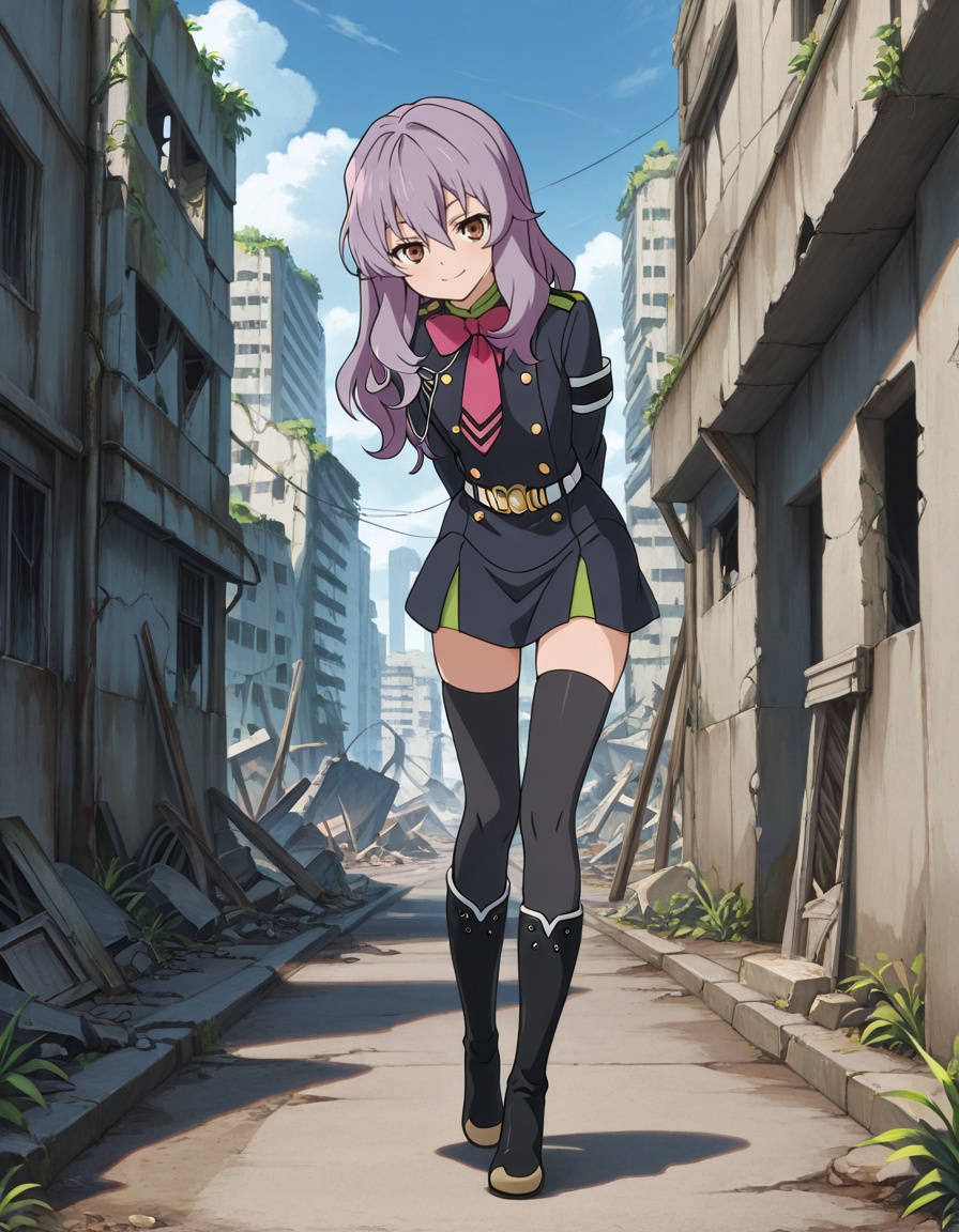 masterpiece, best quality, amazing quality, outdoors, ruins, vegetation, city, road, apocalypse,1girl, solo, leaning forward, head tilt, arm behind back, smile, looking at viewer, shinoa hiiragi (owari no seraph), long hair, purple hair, sidelocks, hair between eyes, brown eyes, hair down, full body, military uniform, aiguillette, double-breasted, pink bowtie, long sleeves, armband, white belt, belt buckle, layered skirt, black thighhighs, black knee boots,<lora:shinoa_hiiragi-owari_no_seraph_s2-ixl-anime-soralz:1>