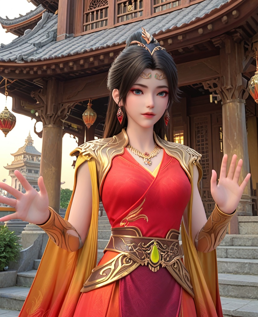 (oriental architecture, elegant decor, sophisticated style:1.1),(waving:1.1),(breasts:1.2),<lora:XL神墓东方凤凰:0.95>,miss dongfangfenghuang,red dress,sash,pauldrons,necklace,blue eyes,black hair,hair ornament,hair bun,earrings,jewelry,shawl sleeves,bracer,, score_9,score_8_up,score_7_up,score_6_up,score_5_up,score_4_up,3d rendering,tag1,tag2, Cinematic Lighting,backlighting,
