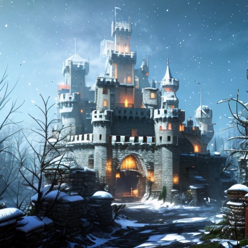 a castle in the middle of a snowy forest with trees and bushes on the ground and a lot of snow on the ground,  bare_tree,...