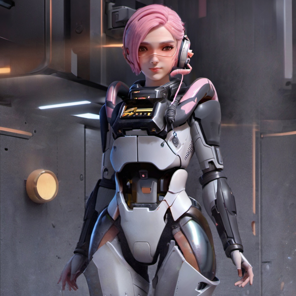 <lora:lida_xl_2_v2:0.8>,lida,1girl,pink hair,solo,headset with microphone,futuristic armored suit,wearing a futuristic armored suit,short hair,full body