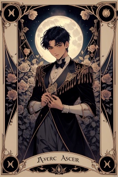 Tarot cards, symmetrical borders, roses, lace,,A boy, Handsome, Lovely, Short hair, Tarot card, Full moon, Scenery<lora:EMS-33085-EMS:0.500000>