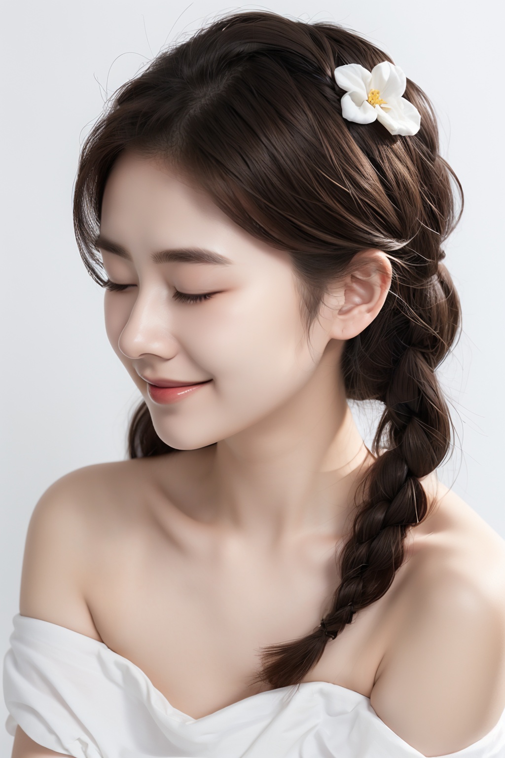 1girl, solo, incline to one side, Disk hair, Braid hair, brown hair, hair ornament,smile, White skirt, Portrait, bare shoulders, closed eyes,realistic,white background,  <lora:yiling_护肤美妆摄影:0.65>