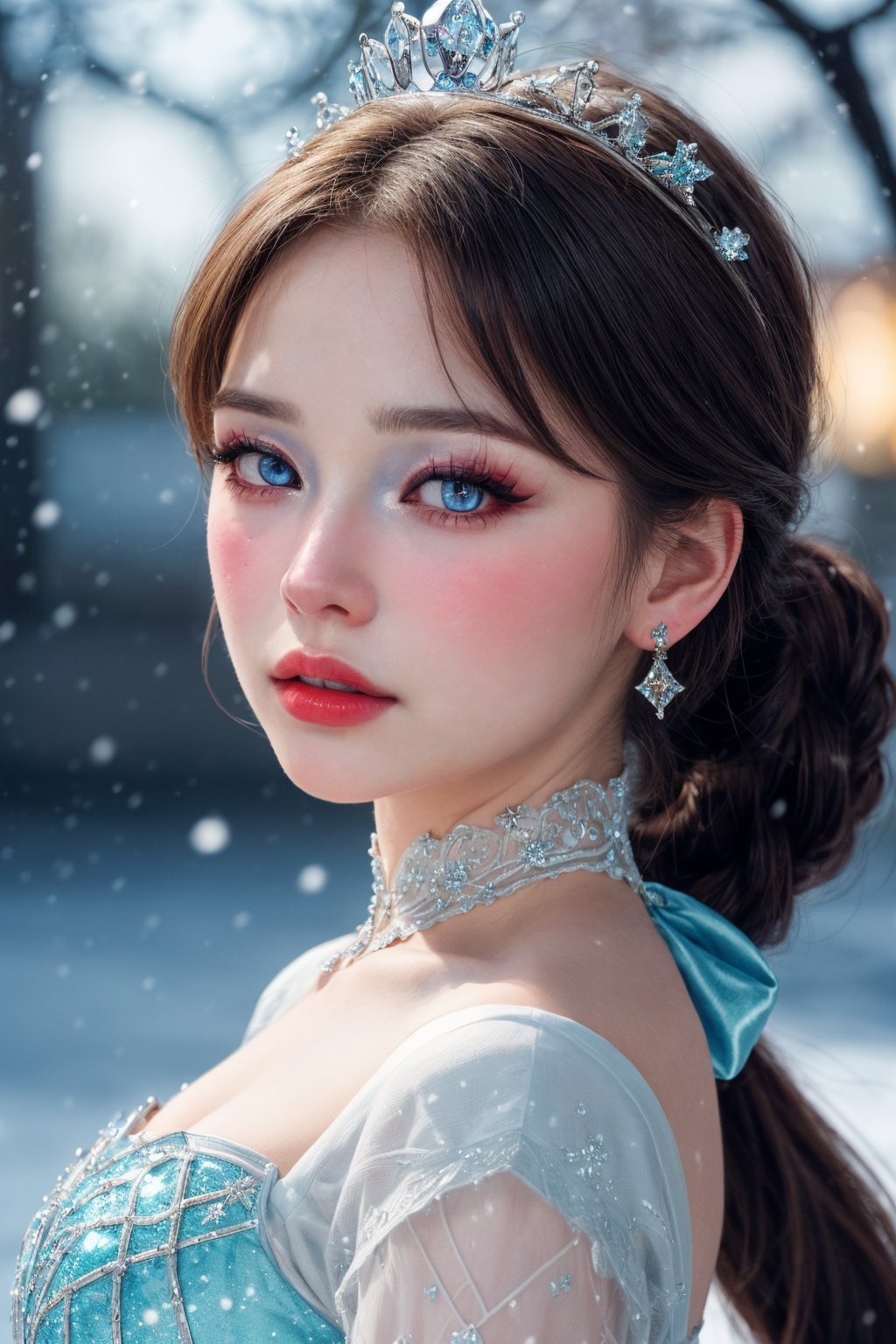 masterpiece,best quality,realistic,highres,Highly detailed,blurry background,1girl,((portrait)),close-up,braided ponytail,crystal earrings,((crown)),crystal crown,blue dress,corset,blue_bow,collar,bangs,<lora:add_more_details:0.5>,elsa \(frozen\) \(cosplay\),icetiina,frozen \(disney\),winter,snow,snowing,<lora:雪地精灵1.0_v2:0.7>,