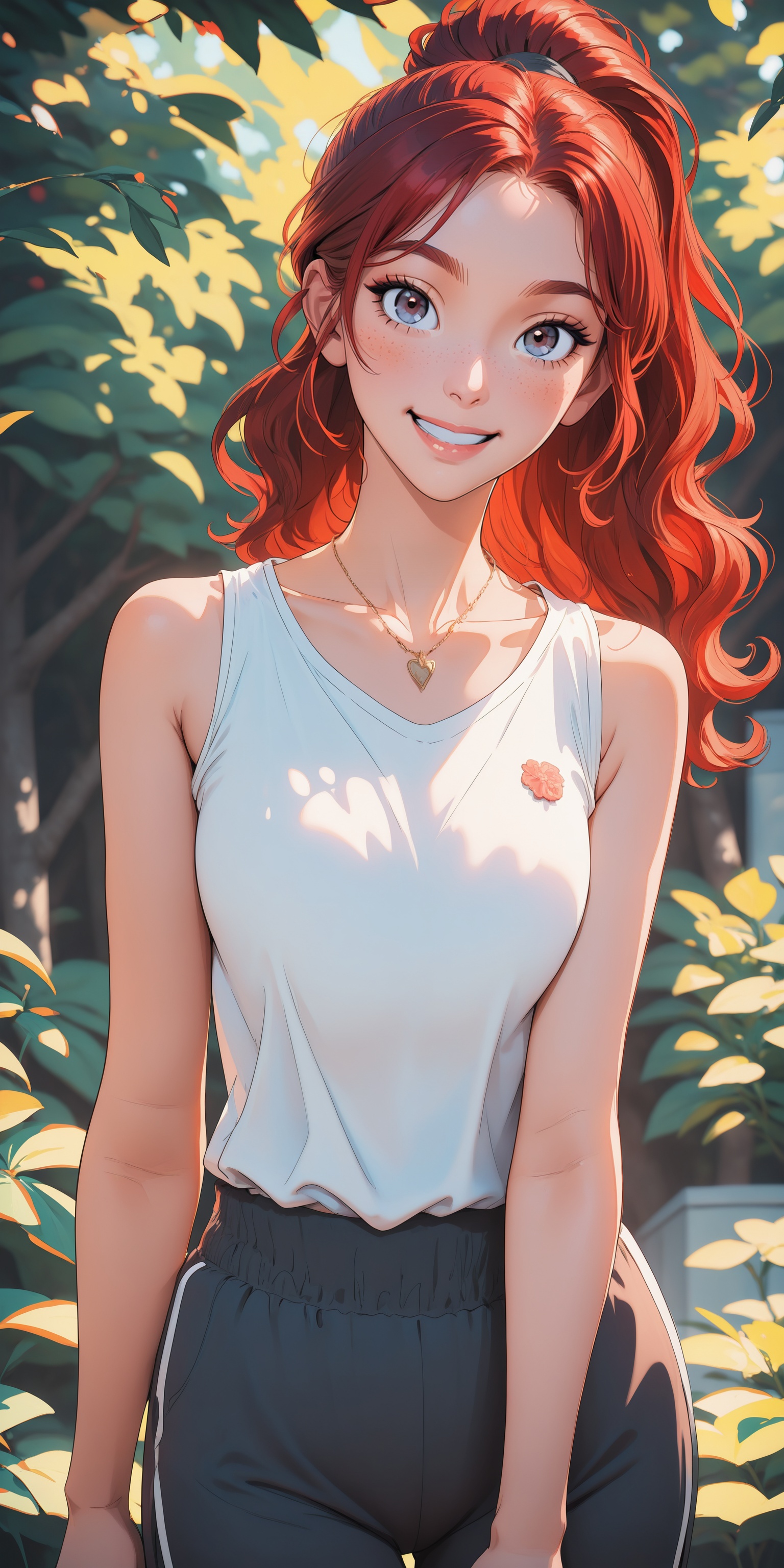 (illustration:1.1),newest,.,.,.,.,1girl,cowboy shot,gym shorts,collarbone,wavy hair,looking at viewer,blurry foreground,necklace,contemporary,plain pants,ponytail,freckles,red hair,dappled sunlight,smile,happy,sideways,, very awa, masterpiece, best quality, highres, absurdres,