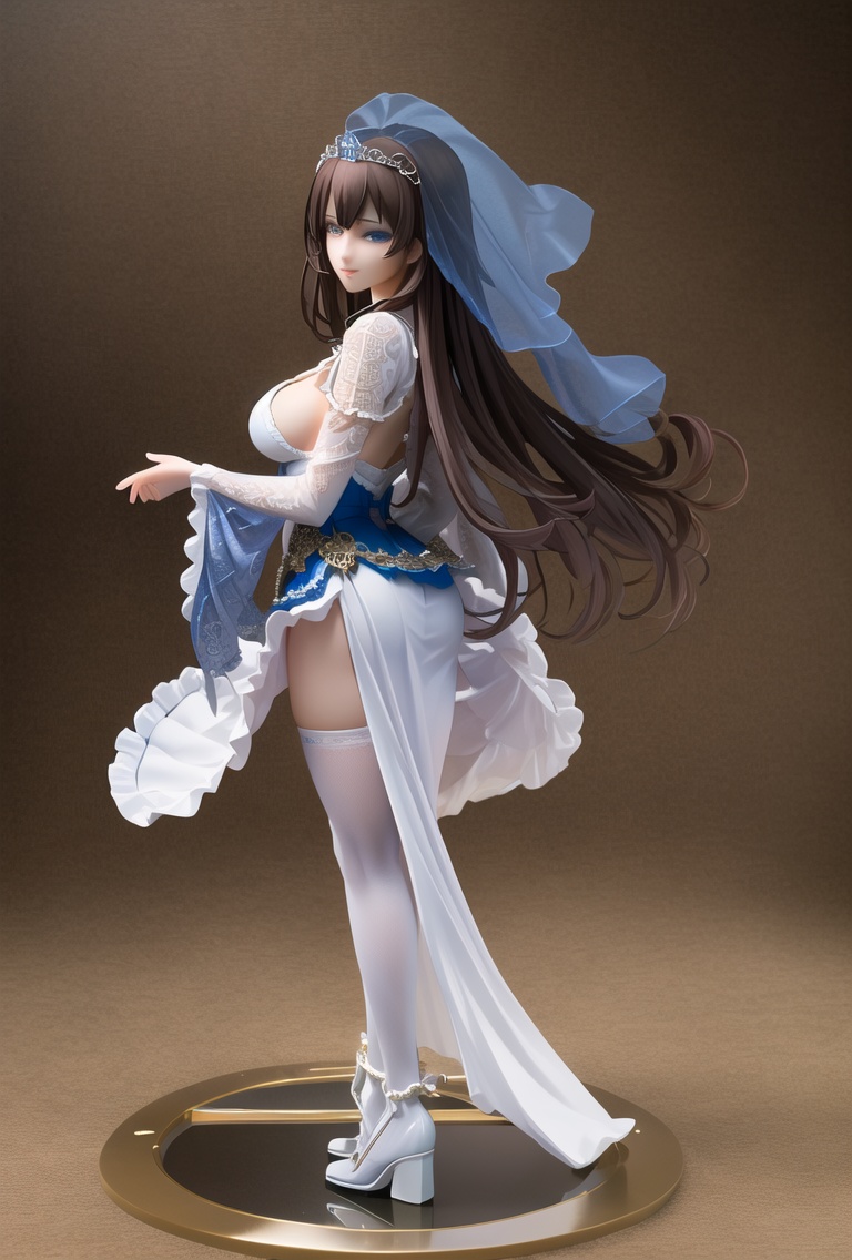 (best quality:1.5),(masterpiece:1.5),intricate detail,great textures,ultra high res,photorealistic,realistic,killer,PVC figure,1girl,solo,blue eyes,long hair,tiara,breasts,veil,ass,brown hair,looking at viewer,blush,silcoon,white skirt,<lora:killer手办模型-000006:0.8>,