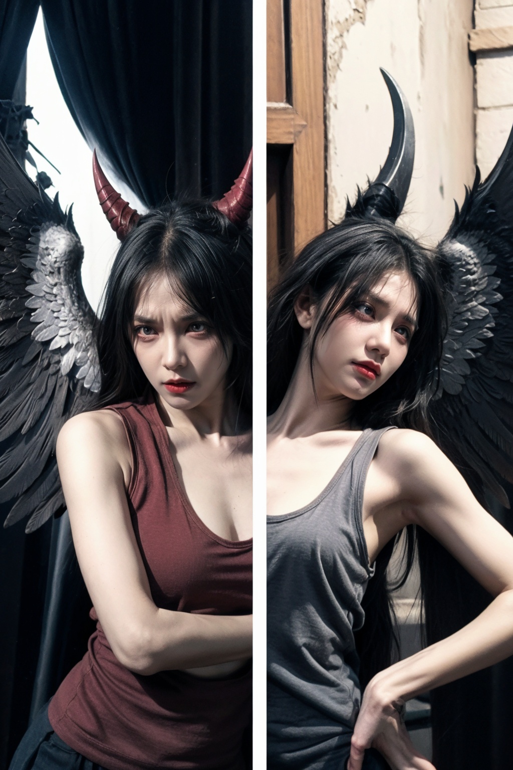 The Battle Between God and Satan,Deities,archangel,Angels and Satan Diabolical,Lucifer. high quality,detailed features,angry expression,furious,irritated,annoyed,**** top,
