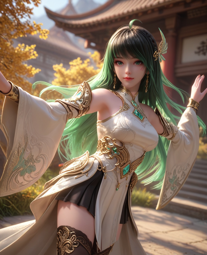 (oriental architecture, elegant decor, sophisticated style:1.1),((dynamic pose):1.1),(breasts:1.2),<lora:XL16克金玩家林紫玥新手村:0.95>,miss linziyue,white corset top with coattails,black miniskirt,green eyes,aqua ombre hair,very long hair,hair ornament,jewelry,earrings,detached sleeves,black thighhighs,, score_9,score_8_up,score_7_up,score_6_up,score_5_up,score_4_up,3d rendering,tag1,tag2, Cinematic Lighting,backlighting,, zPDXL3, zPDXL2,zPDXL, zPDXLxxx, zPDXLrl,