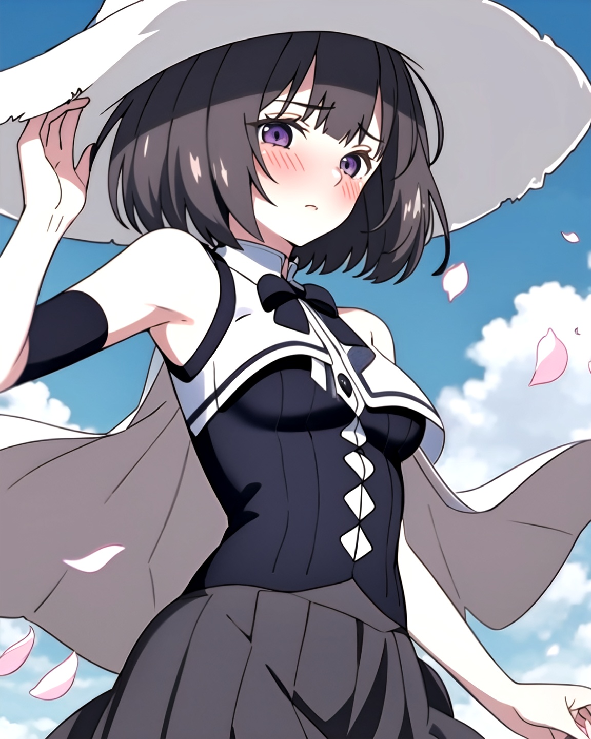<lora:魔女文字川母女:0.8>,1 girl,solo,blush,short hair,black hair,hat,purple eyes,witch,hat,Witch text River,(((masterpiece))),(((best quality))),((ultra-detailed)),(illustration),(1 girl),(solo),((an extremely delicate and beautiful)),little girl,((beautiful detailed sky)),beautiful detailed eyes,side blunt bangs,hairs between eyes,ribbons,bowties,buttons,bare shoulders,(small breast),blank stare,pleated skirt,close to viewer,((breeze)),Flying splashes,Flying petals,wind,, masterpiece, best quality