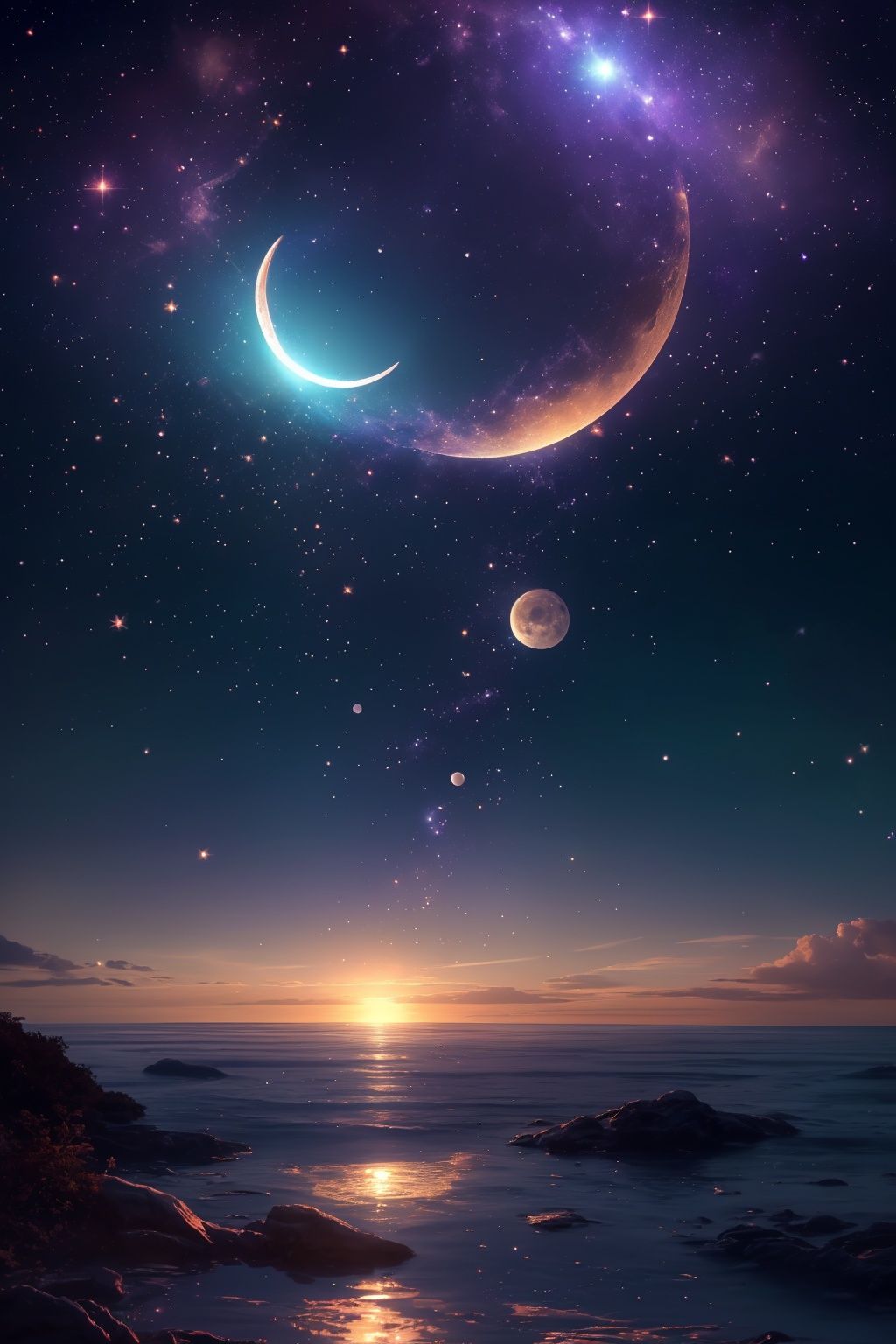 <lora:MHBG_20240210000238-000007:0.6>,MHBG,sky,scenery,star \(sky\),cloud,starry sky,outdoors,sunset,night,tree,horizon,night sky,(no humans:2),nature,forest,moon,crescent moon,reflection,water,fireflies,lantern,grass,blurry,full moon,light particles,bug,branch,leaf,depth of field,butterfly,ocean,sun,planet,sparkle,bokeh,lens flare,bubble,space,, with intense rainfall,monochromatic,masterpiece,best quality,high quality,extremely detailed CG unity 8k wallpaper,award winning photography,Bokeh,Depth of Field,HDR,bloom,Chromatic Aberration,Photorealistic,extremely detailed,trending on artstation,trending on CGsociety,Intricate,High Detail,dramatic,art by midjourney,volumetric lighting,