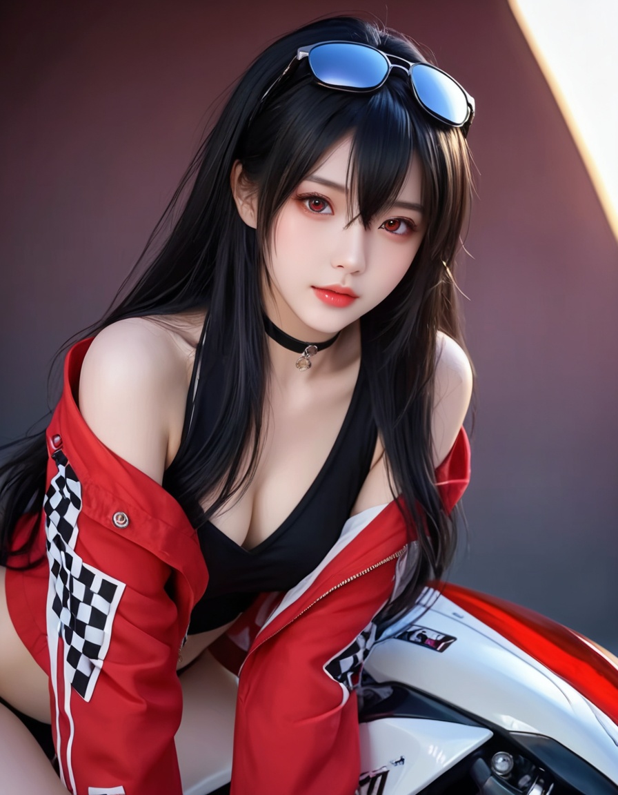 <lora:小美女修改:0.7>,score_9,score_8_up,score_7_up,realistic,(Masterpiece, Best Quality, High Resolution, 8K Raw),absurdres, highres, Expressiveh, ultra-detailed,ultra high res, (masterpiece:1.3),best quality,high resolution,unity 8k wallpaper,(illustration:1),perfect lighting,photo_\(medium\),photorealistic,realistic,<lyco:GoodHands-beta2:1>, finely detail,extremely detailed,soft lighting and shadow,soft yet striking lighting,film grain:1.2,(skin pores:1.2),(detailed skin texture:1),cellphone picture,((solo:1.5)),Detailed face,(see-through:1.1),misty,Low Key:1.1,depth of field, 1girl, taihou \(enraptured companion\) \(azur lane\), eyewear on head, motor vehicle, ground vehicle,  solo, jacket, black hair, choker, motorcycle, taihou \(azur lane\), official alternate costume, red lips, red eyes, looking at viewer, thighhighs, red jacket, long hair, uncensored, race queen, medium breasts, realistic, sunglasses, spread legs, black choker, lips, thigh strap, off shoulder, hair between eyes, black thighhighs, makeup, bangs, car, lipstick,looking at viewer,