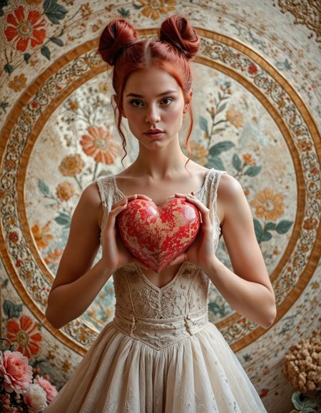 1girl, red hair, hair bun, double bun, blunt bangs, multi-tied hair , dynamic pose, holding a big heart, abstract background, hearts, flowers, (4k, detailed, intricate details, best quality, amazing quality, masterpiece)