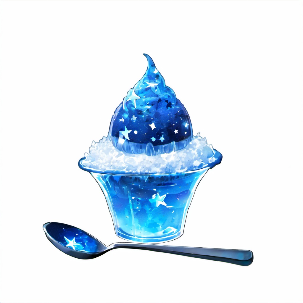 <lora:star_xl_v2:1>,a blue cup with a spoon and a spoon in it with a blue liquid inside of it and a star shaped top, simple background, white background, food, sky, cloud, star \(symbol\), no humans, moon, blue theme, spoon, crescent moon, food focus, still life, shaved ice, night, transparent background, star \(sky\), night sky, ice cream, The image showcases a glass bowl filled with a vibrant blue liquid. The liquid appears to be frozen, with a swirling pattern that gives it a galaxy-like appearance. Within the liquid, there are tiny white specks that resemble stars. At the top of the bowl, there's a crescent moon and a few stars, suggesting a night sky theme. The bowl is placed next to a silver spoon., glass bowl, vibrant blue liquid, frozen, galaxy-like appearance, tiny white specks, stars