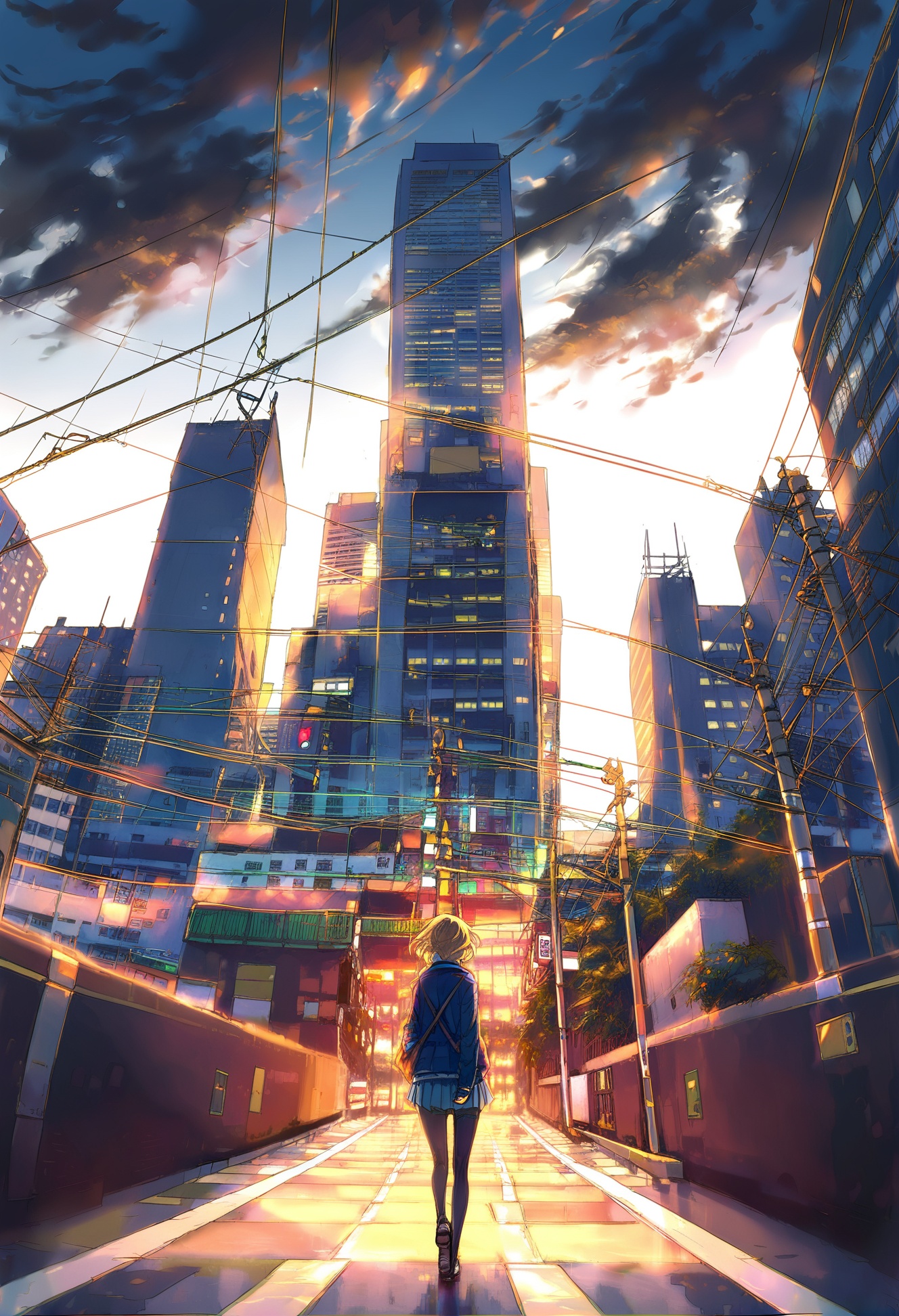 masterpiece, best quality,1boy, 1girl,   sky, cloud, outdoors, scenery, power lines, solo, standing, cloudy sky, from behind, looking at viewer, standing on person, pantyhose, jacket, blue jacket, short hair, building, blue sky, full body, brown hair, sunlight, skyscraper, standing on one leg, skirt, cityscape, utility pole, blue hair, day, blonde hair, tree, blue skirt, blue eyes <lora:YuuXLlokr8f-000186:0.95>