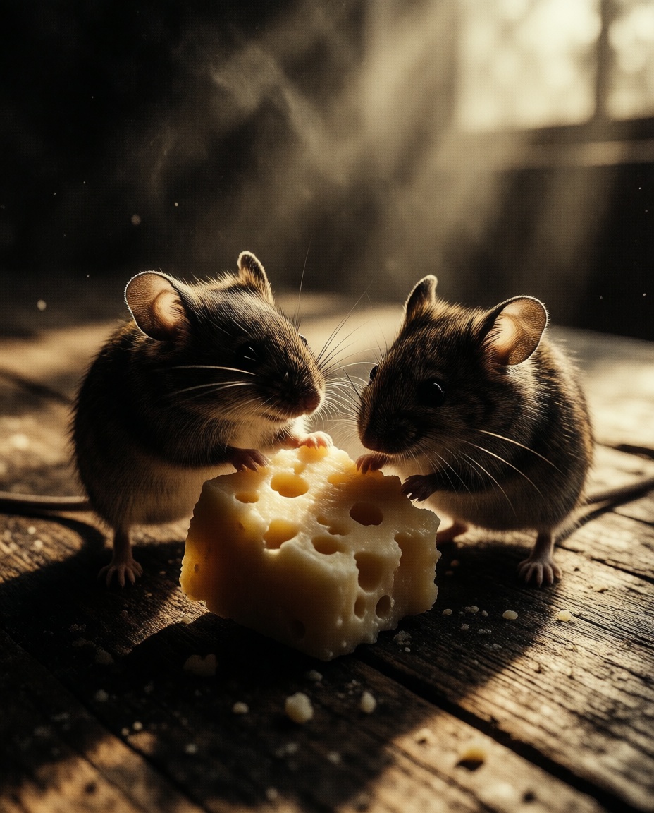 Close-up of two small field mice engaged in a playful tussle over a single chunk of rustic cheddar cheese. The mice have f...