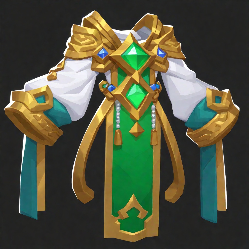 best quality,masterpiece,ultra high resolution,full composition,Game props,A luxurious oriental-style robe with a white plush collar connected to a blue-green hem,gold thread embroidery around the central jade main stone,wide black cuffs with 5mm gold edges,a white ribbon hanging from the hem,black and gold contrasting shoulder armor,and an indigo belt embellished with sapphires,<lora:T2-bb:1>,ywbo,game_icon,