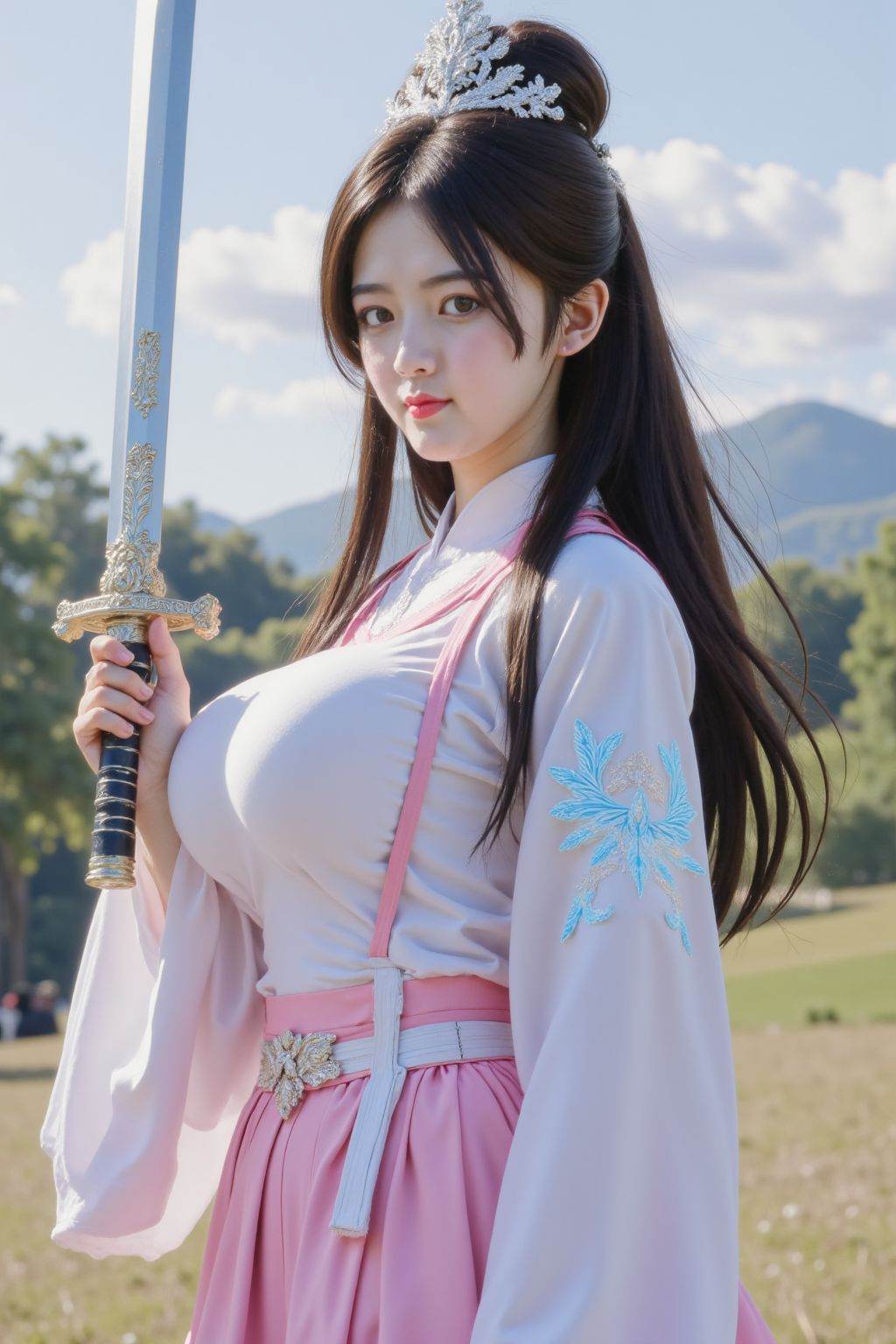 The image depicts a person dressed in traditional East Asian attire, holding a sword with intricate designs. The outfit consists of a light pink and white ensemble, including a long flowing skirt, a fitted top, and a decorative sash. The person is standing outdoors, with a scenic background of green trees and mountains under a clear sky. The sword is ornate, featuring gold accents and a black handle. The person's hair is styled elegantly, and they are wearing a tiara, adding a regal touch to their appearance.large breasts