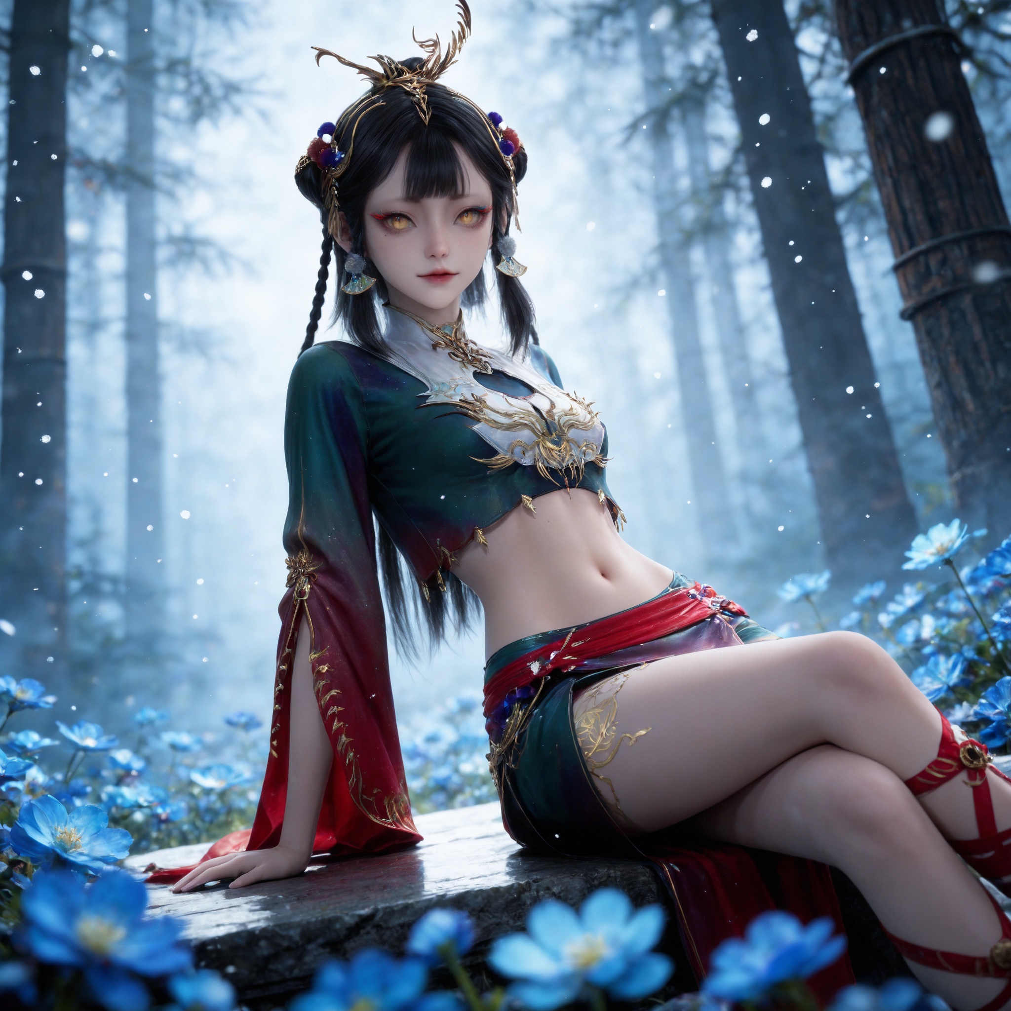 <lora:牧神记-仙清儿IL:0.7> 1girl, black hair, long hair, hair rings, hair bun, braid, hair ornament, jewelry, yellow eyes, crop top, chinese clothes, skirt, midriff, navel, red footwear, realistic style photo,outstanding style,Use soft lighting to cast gentle shadows on the subject,adding a touch of dimension to your images without compromising details,whirls of vapor,(Anime:1.1),soft neon light,ethereal ambiance,delicate details,magical atmosphere,concept art,highly detailed,ultra-high resolution,32K UHD,sharp focus,best-quality,masterpiece,golden hour,unconventional supreme masterpiece,masterful details,temperate atmosphere,with a high-end texture,in the style of fashion photography,magazine style,Dynamic Angle,Dynamic posture,magazine style,Dynamic Angle,Dynamic posture,(cowboy_shot:1.2),eye trail,depth of field,cinematic lighting,lens flare,close-up,extreme aesthetic,(wlop:0.6),(honjou raita,lack,rella,wanke:0.5),masterpiece,best quality,good quality,newest,year 2025,very aesthetic,absurdres,Visual impact,A shot with tension,ultra-high resolution,32K UHD,sharp focus,best-quality,masterpiece,Emotionalization,unconventional supreme masterpiece,masterful details,temperate atmosphere,with a high-end texture,in the style of fashion photography,(Visual impact:1.2),giving the poster a dynamic and visually striking appearance,, ,snowing, rock,,blurry,sitting,full body,arm support,blue flower,snowflakes