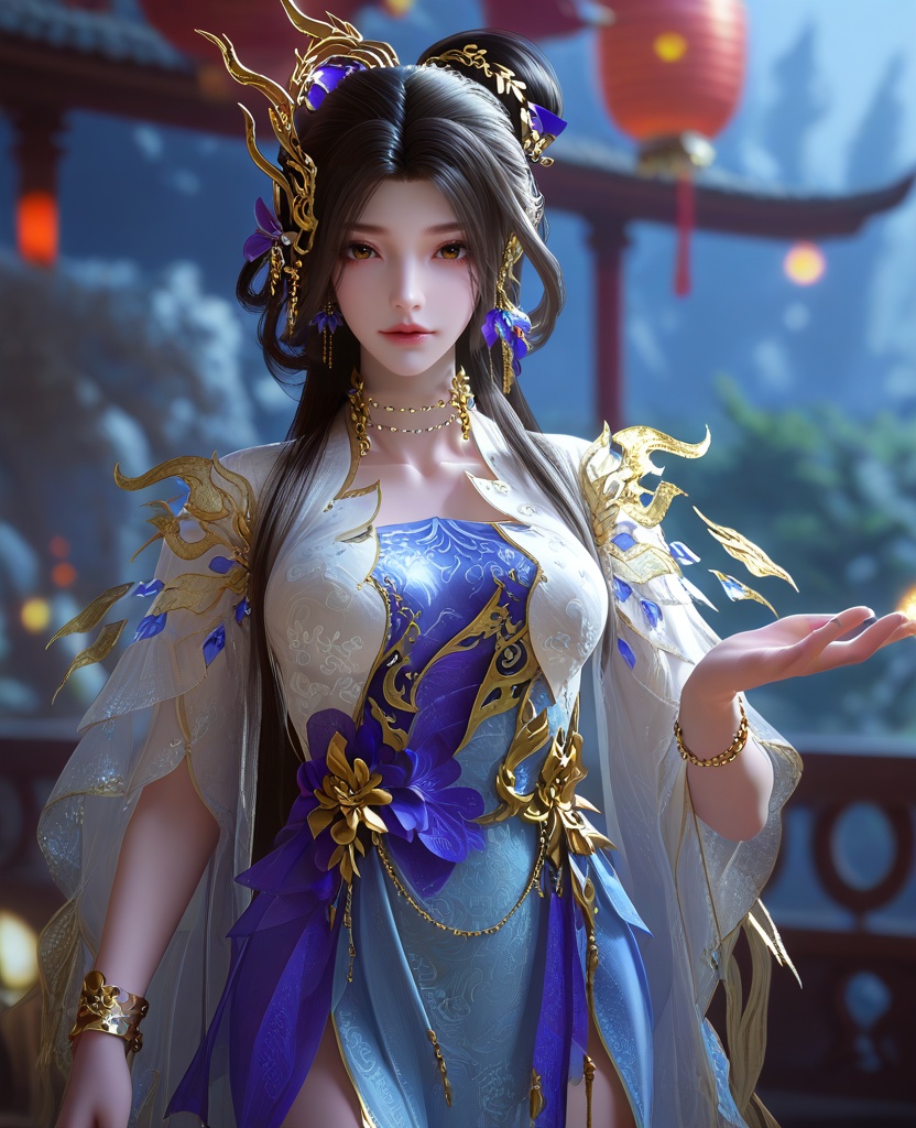 (oriental architecture, elegant decor, sophisticated style:1.1),(Legs wide apart, one hand trailing down her body as if to invite exploration, she exudes an irresistible sensuality:1.1),(Dolly zoom:1.1),(large breasts:1.2),<lora:XL16云深不知梦羲和第19集揽月湖:0.95>,miss xihe,white crop top,violet and blue tiered dress,brown eyes,black hair,long hair,draped looped buns,hair ornament,jewelry,earrings,bracelet,lantern,, score_9,score_8_up,score_7_up,score_6_up,score_5_up,score_4_up,3d rendering,tag1,tag2, Cinematic Lighting,backlighting,