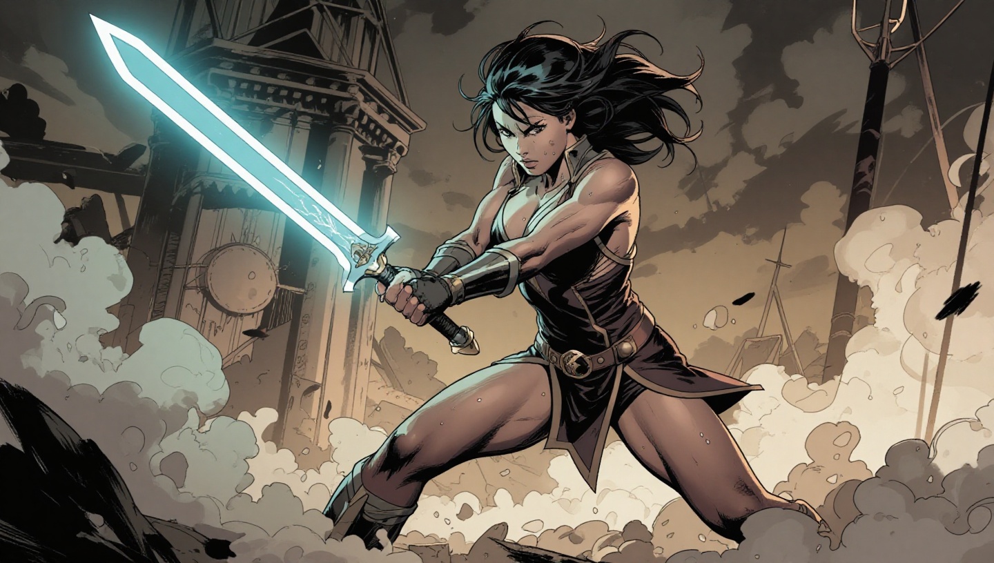 (comic book page),  Female warrior with glowing sword charging through battlefield smoke on Tensor.Art