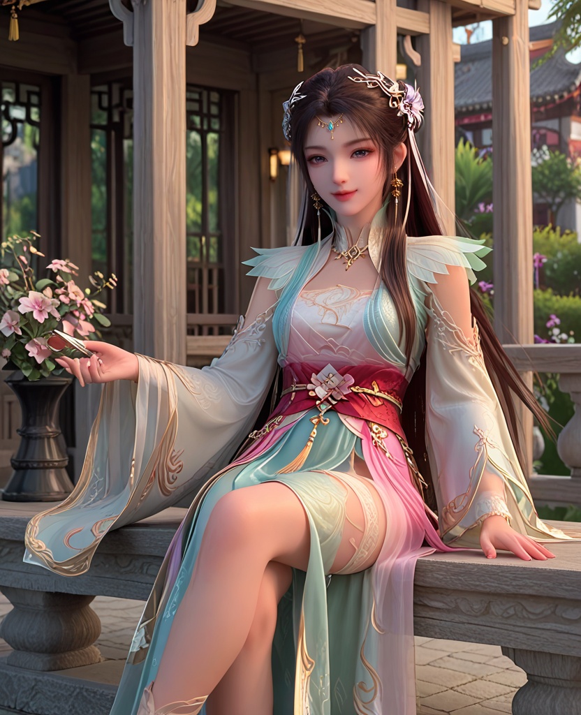 (oriental architecture, elegant decor, sophisticated style:1.1),(Sitting on a bench with legs crossed, smiling,:1.1),(breasts:1.2),<lora:XL少年白马易文君:0.95>,miss yiwenjun,green dress,corset,pink pelvic curtain,pink fart curtain,red sash,purple eyes,black hair,hair ornament,long hair,jewelry,earrings,hanging hair,sandals,, score_9,score_8_up,score_7_up,score_6_up,score_5_up,score_4_up,3d rendering,tag1,tag2, Cinematic Lighting,backlighting,